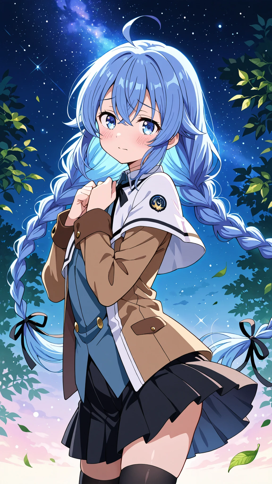 BREAK (masterpiece:1.2),Anime-style forest clearing under a surreal night sky filled with colorful galaxies and planets, starlight reflecting on leaves, magical and otherworldly atmosphere, no people,black legwear, black skirt, capelet, jacket, brown jacket, long sleeves, miniskirt, open clothes, open jacket, pleated skirt, skirt, white capelet,white jacket,,roxy, ahoge, black ribbon, blue eyes, blue hair, braid, hair between eyes, hair ribbon, long hair, twin braids, very long hair,
,looking at viewer,cowboy shot,floating hair,shy,blush,sexy pose,arched back