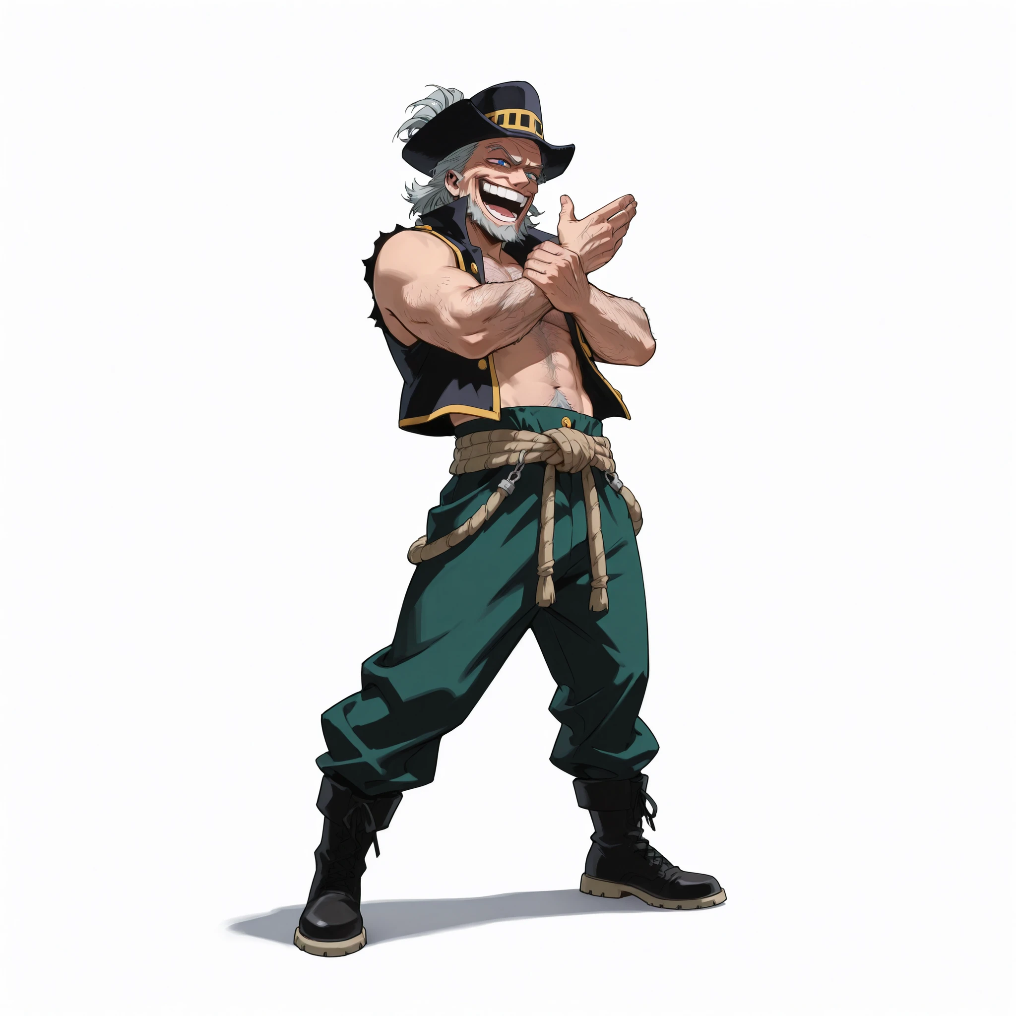(male), (old man), (slim body), (grey hair), (short hairstyle), (blue eyes), (laughing face), (villain laugh), (villain vibe), (hairy ), (hairy arms), (solo), (single character), (full body version), (white background), (no background), (highly detailed), (shadow), (standing pose), (natural light), (detailed outfit), (detailed hand), (detailed face), (detailed hair),
Wearing a casual pirate-inspired teenager outfit: loose open vest, short ragged pants, rope belt, boots, Hawaii hat, (Boku no Hero academia style art),