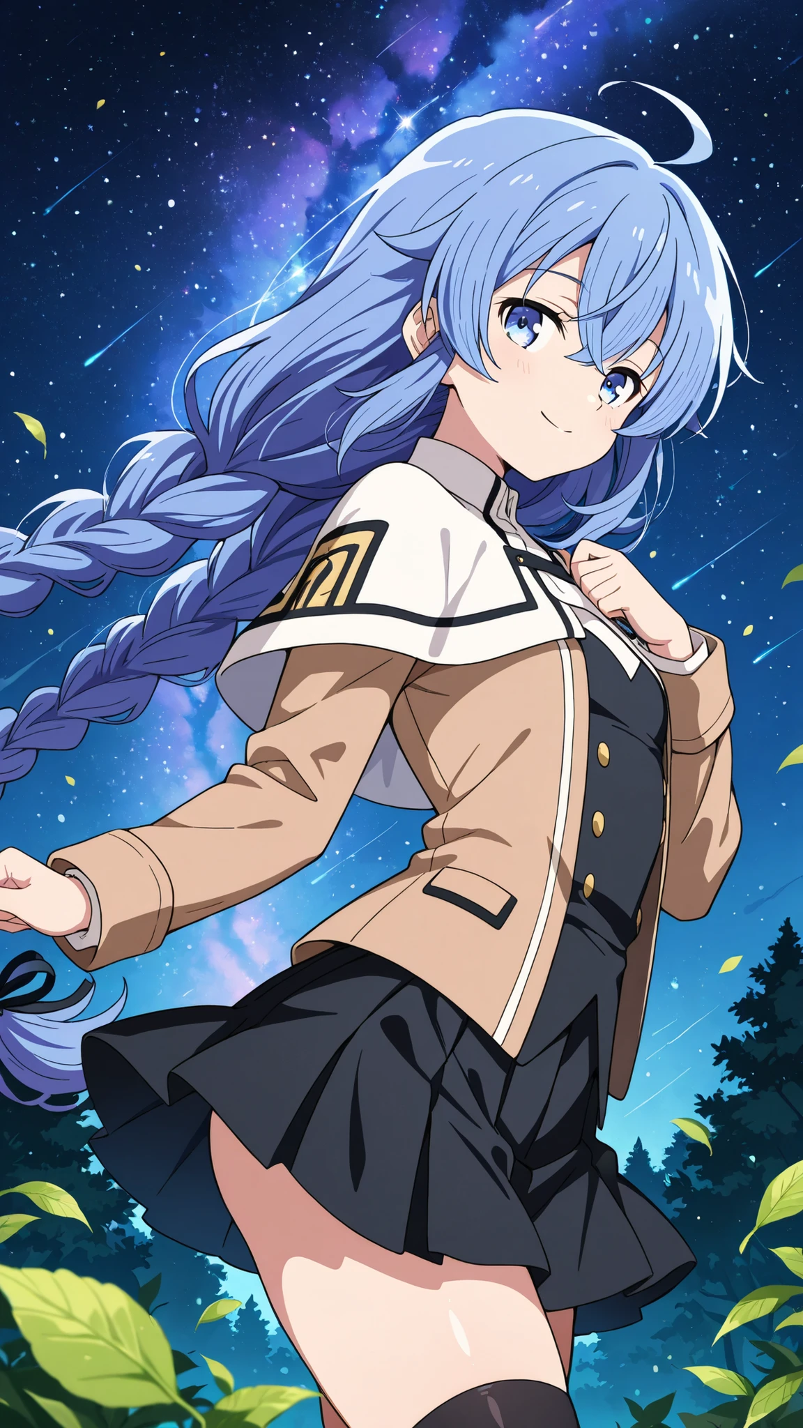 BREAK (masterpiece:1.2),Anime-style forest clearing under a surreal night sky filled with colorful galaxies and planets, starlight reflecting on leaves, magical and otherworldly atmosphere, no people,black legwear, black skirt, capelet, jacket, brown jacket, long sleeves, miniskirt, open clothes, open jacket, pleated skirt, skirt, white capelet,white jacket,,roxy, ahoge, black ribbon, blue eyes, blue hair, braid, hair between eyes, hair ribbon, long hair, twin braids, very long hair,
,looking at viewer,cowboy shot,floating hair,front photo,sexy pose,smile,arched back