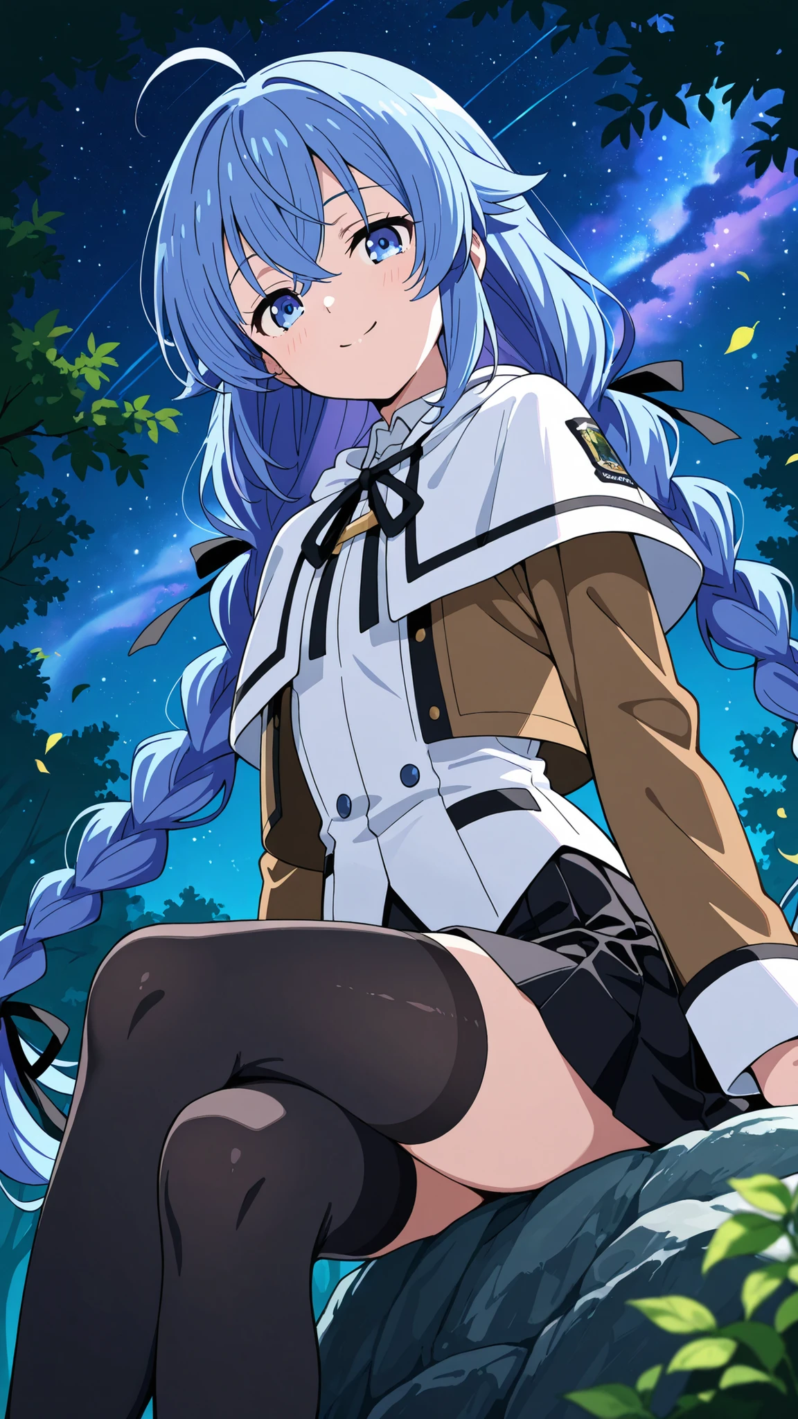 BREAK (masterpiece:1.2),Anime-style forest clearing under a surreal night sky filled with colorful galaxies and planets, starlight reflecting on leaves, magical and otherworldly atmosphere, no people,black legwear, black skirt, capelet, jacket, brown jacket, long sleeves, miniskirt, open clothes, open jacket, pleated skirt, skirt, white capelet,white jacket,,roxy, ahoge, black ribbon, blue eyes, blue hair, braid, hair between eyes, hair ribbon, long hair, twin braids, very long hair,
,looking at viewer,cowboy shot,floating hair,sitting gracefully, seductive pose, crossed legs, slightly arched back, soft gaze,high detail, 4k illustration,sitting on rock,front shot,from below,smile,happy