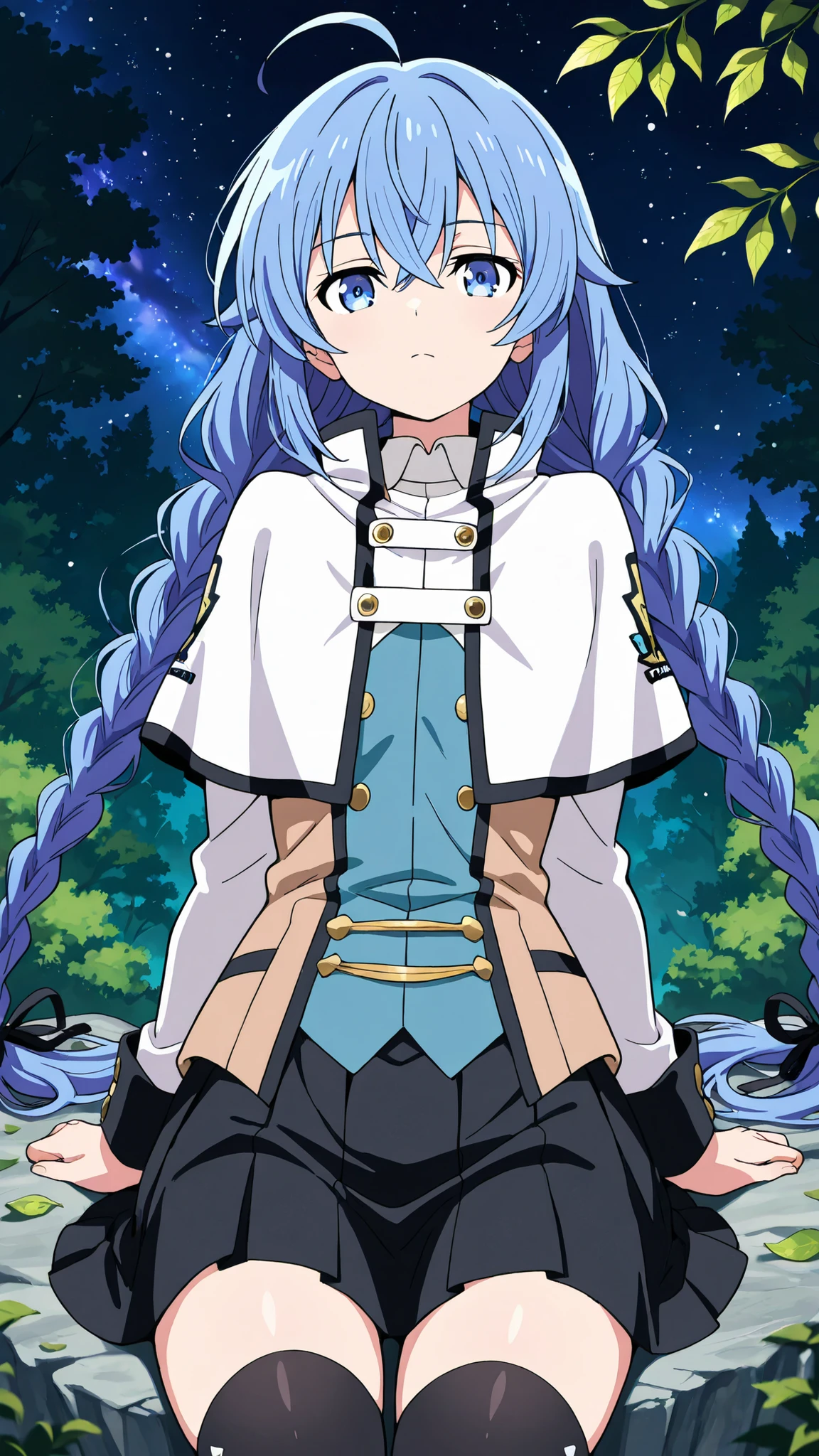 BREAK (masterpiece:1.2),Anime-style forest clearing under a surreal night sky filled with colorful galaxies and planets, starlight reflecting on leaves, magical and otherworldly atmosphere, no people,black legwear, black skirt, capelet, jacket, brown jacket, long sleeves, miniskirt, open clothes, open jacket, pleated skirt, skirt, white capelet,white jacket,,roxy, ahoge, black ribbon, blue eyes, blue hair, braid, hair between eyes, hair ribbon, long hair, twin braids, very long hair,
,looking at viewer,cowboy shot,floating hair,sitting sensually, suggestive posture, leaning back with hands behind, alluring body curves, ultra detailed, 4k,sitting on rock,serious face