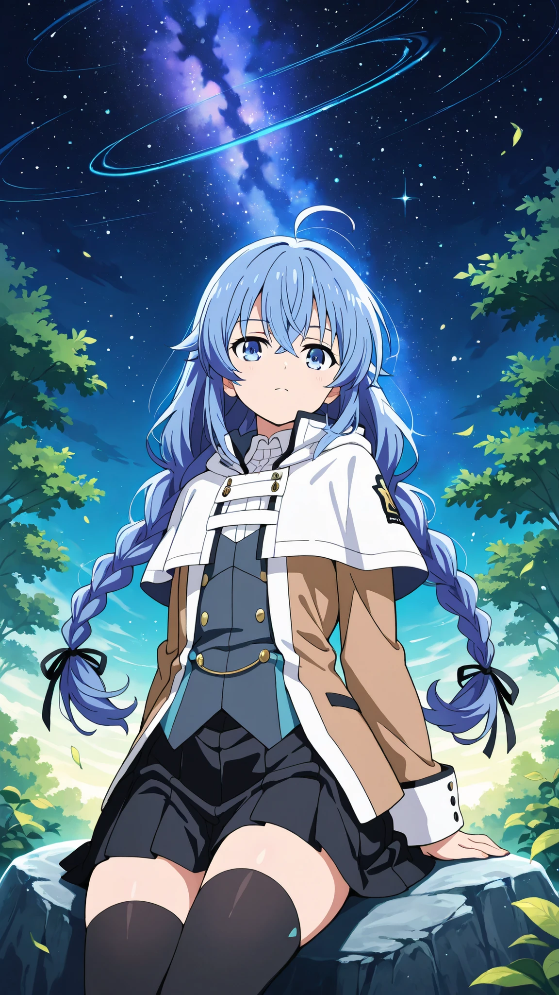 BREAK (masterpiece:1.2),Anime-style forest clearing under a surreal night sky filled with colorful galaxies and planets, starlight reflecting on leaves, magical and otherworldly atmosphere, no people,black legwear, black skirt, capelet, jacket, brown jacket, long sleeves, miniskirt, open clothes, open jacket, pleated skirt, skirt, white capelet,white jacket,,roxy, ahoge, black ribbon, blue eyes, blue hair, braid, hair between eyes, hair ribbon, long hair, twin braids, very long hair,
,looking at viewer,cowboy shot,floating hair,sitting sensually, suggestive posture, leaning back with hands behind, alluring body curves, ultra detailed, 4k,sitting on rock,serious face