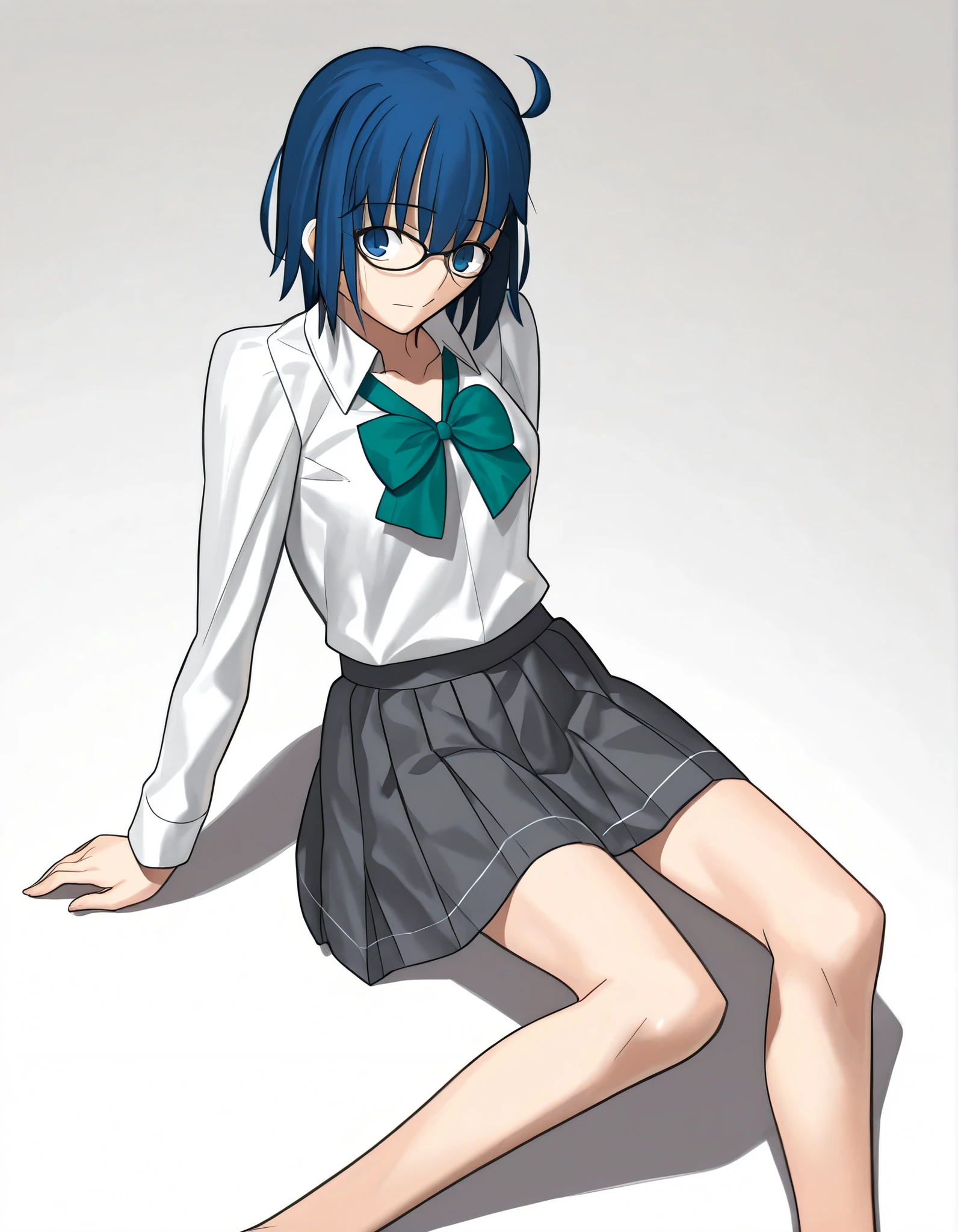 masterpiece, , absurdres, highres, detailed background, high resolution, masterpiece, necessary, detail, best quality, quality, necessary, details, High details, Precise, 8k ,(best shadows), (white background, simple ground), from above, , 
                                                                                                                                                                                                                         1girl, Takeuchi Takashi (type-moon, tsukihime) style, takeuchi takashi style, solo, (aged up:1.2), ,(long legs),
   
1girl, el3gymaster, ,ciel \(tsukihime\) ,(slender body, slim arms, slim bod) ,blue eyes ,blue hair ,glasses ,short hair,(black-framed eyewear , ,green bowtie , white shirt ,open collared shirt, long sleeve ,grey skirt, pleated skirt,), (small breasts),(looking at viewer), sitting yokozuwari,,