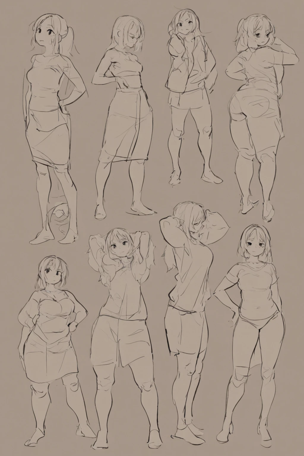 score_9, score_8_up, score_7_up, score_6_up, score_5_up, score_4_up, 
super dynamic character poses, random poses and angles, (4 poses:1.5), female focus, front view, back view, side view, angled view, clearly defined masterpiece body posing, clean sketches, line art, white background