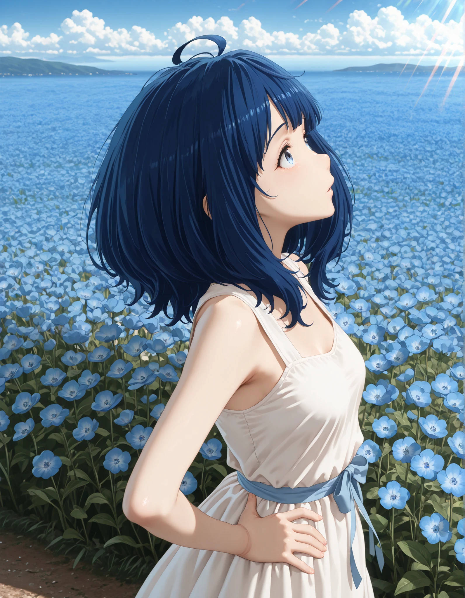(1girl, solo:1.3), from side, masterpiece,best quality,amazing quality, (( anna yanami, medium hair, blue eyes, ahoge, blue hair )) ((AnnaDress, sleeveless dress, white dress, waist ribbon)) , looking up, from above, ((small breasts)), medium breasts, upper body,(hand on hip:1.2) Outdoors, depth of filed, Light on Face, Portrait, Sunlight, skyporn, (field of Nemophila flowers) outdoors, (Nemophila:1.2) (realistic blue flower:1.1), (blue flower field look like sea), horizon, noon, detailed background