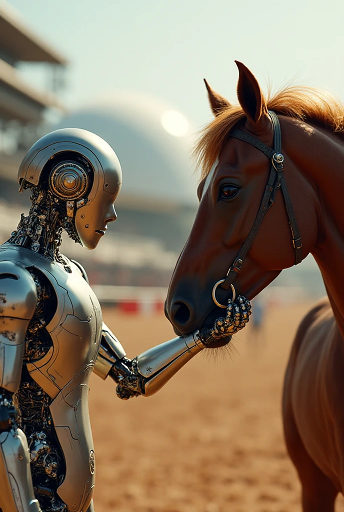 A humanoid robot lovingly strokes a horse's muzzle with its iron hand at a racetrack. Close-up, super-realistic photo, bright daylight.