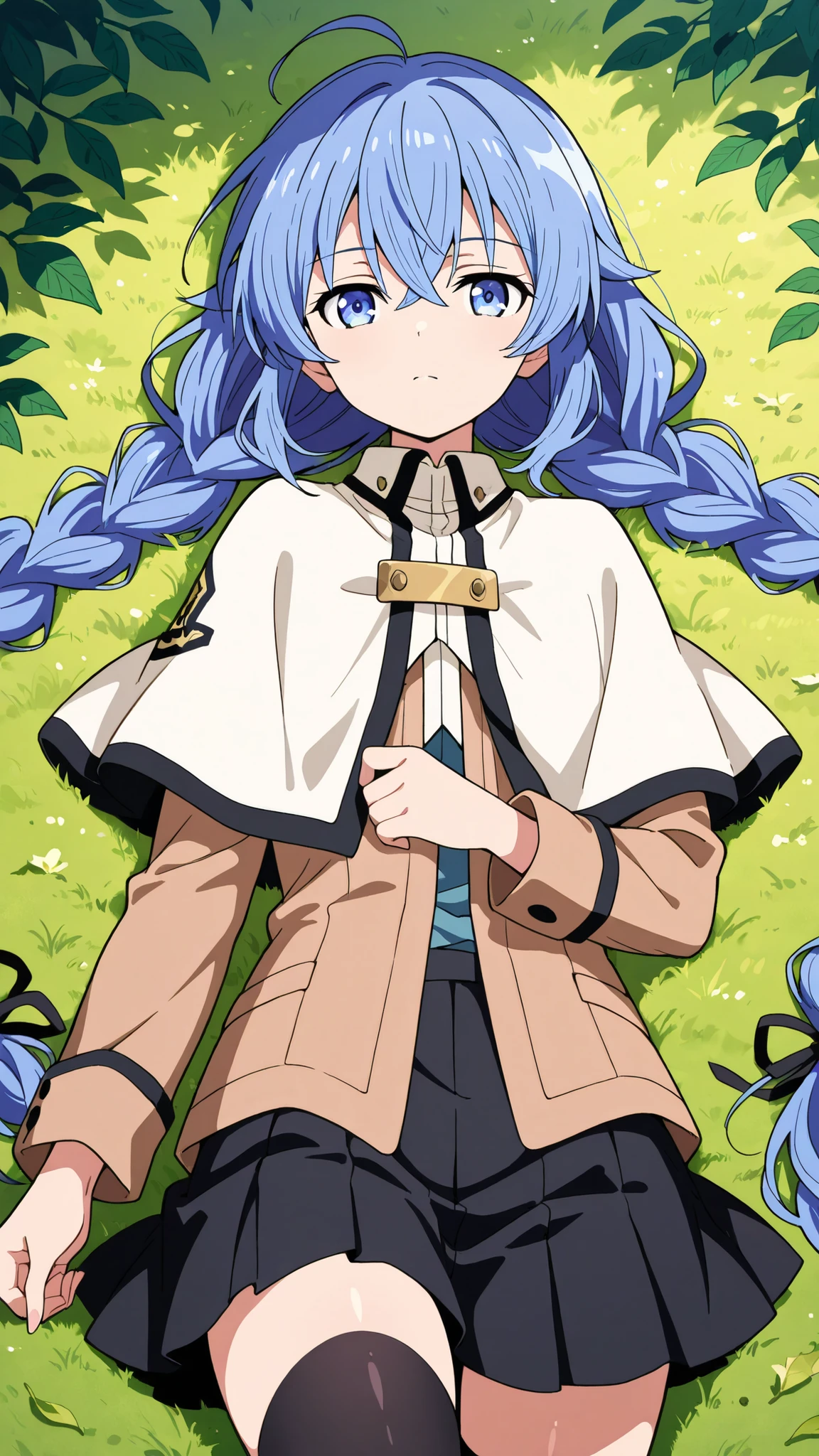 BREAK (masterpiece:1.2),Anime-style forest clearing under a surreal night sky filled with colorful galaxies and planets, starlight reflecting on leaves, magical and otherworldly atmosphere, no people,black legwear, black skirt, capelet, jacket, brown jacket, long sleeves, miniskirt, open clothes, open jacket, pleated skirt, skirt, white capelet,white jacket,,roxy, ahoge, black ribbon, blue eyes, blue hair, braid, hair between eyes, hair ribbon, long hair, twin braids, very long hair,
,looking at viewer,cowboy shot,floating hair,lying on her back sensually, arched body, detailed curves, alluring expression,4k,serious face,lying on grass,