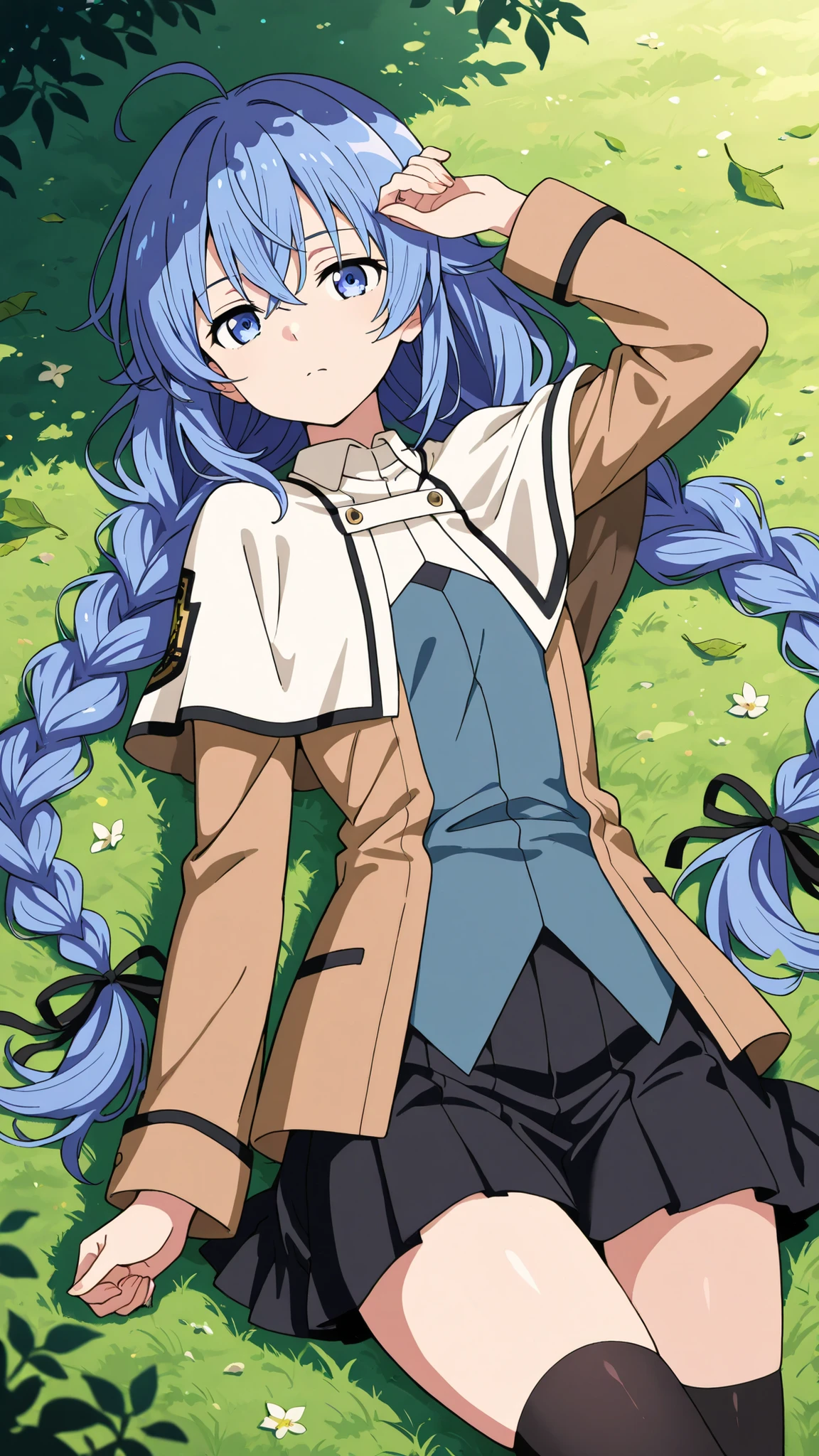 BREAK (masterpiece:1.2),Anime-style forest clearing under a surreal night sky filled with colorful galaxies and planets, starlight reflecting on leaves, magical and otherworldly atmosphere, no people,black legwear, black skirt, capelet, jacket, brown jacket, long sleeves, miniskirt, open clothes, open jacket, pleated skirt, skirt, white capelet,white jacket,,roxy, ahoge, black ribbon, blue eyes, blue hair, braid, hair between eyes, hair ribbon, long hair, twin braids, very long hair,
,looking at viewer,cowboy shot,floating hair,lying on her back sensually, arched body, detailed curves, alluring expression,4k,serious face,lying on grass,