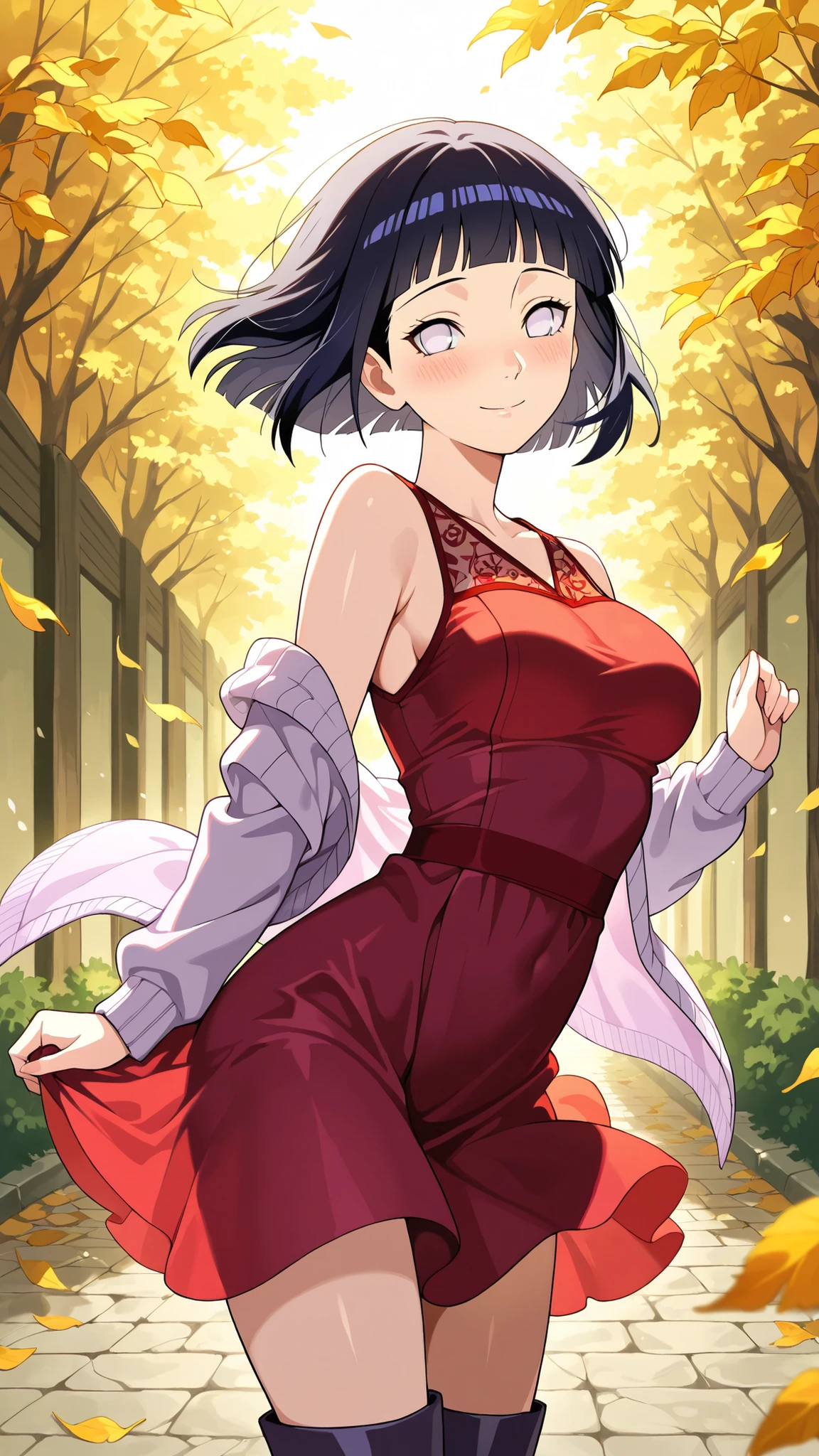 BREAK (masterpiece:1.2), best quality, high resolution,8k wallpaper, (illustration:0.8), (beautiful detailed eyes:1.6),Anime-style narrow alleyway in autumn, stone pavement covered with fallen leaves, soft golden light filtering between tall buildings, faint wind carrying leaves through the air, calm and slightly melancholic atmosphere, no people, hinata uzumaki, hyuuga hinata, short hair, bangs, black hair, blunt bangs, white eyes, mature female, medium breasts,seductive expression,short autumn dress with floral pattern,red dress, open cardigan sliding off shoulder, knee-high boots, soft smile, sunlight glimmering on her legs through drifting leaves,cowboy shot,looking at viewer,floating hair,floating skirt,shy,blush,smile,arched back,sexy pose,