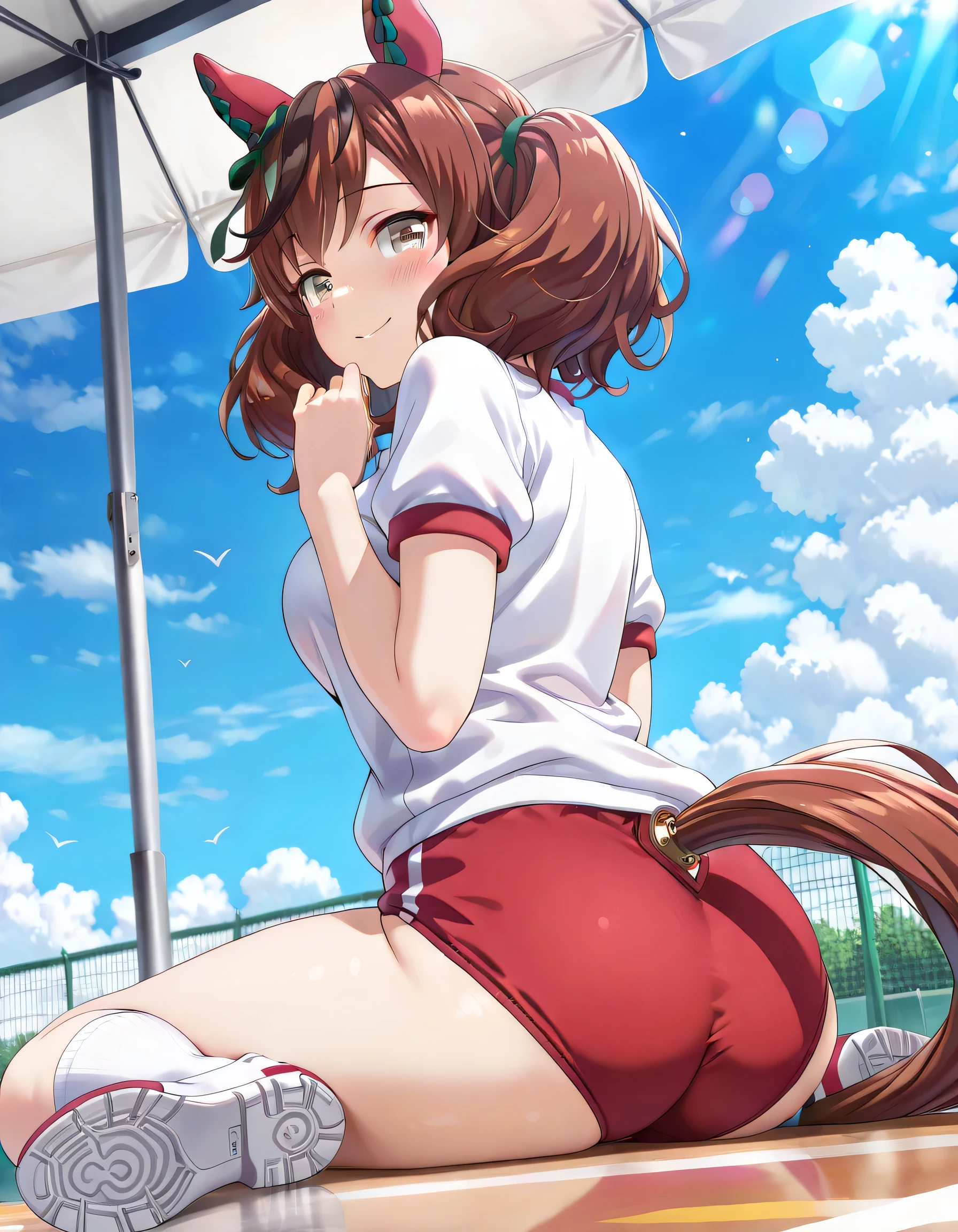 ((ultra-detailed)), (highly detailed CG illustration), (best quality:1.3), ultra-highly detailed, colorful composition, artistic photoshoot, 1girl, solo, moe anime character, Anime-style, harmonious color palette, dainty facial structure, round face, rounded chin:1.2, short stature, nice_nature_(umamusume) 1girl, horse girl, brown hair, streaked hair, brown eyes, horse tail, multicolored hair, medium hair, twintails, animal ears, horse ears, green ear bow, ample breasts, white gym uniform with red rim:1.3, red school gym buruma, smile:1.3, happy:1.3, joyful:1.3, blush:1.3, flowing hair in the wind, sitting, wariza:1.3, turn around:1.3, from behind:1.4, angled angle, butt focus:1.2, looking viewer, full body shot, sidelighting, beautiful blue sky background:1.4, depth of field, dynamic pose, contrapposto pose, best quality, masterpiece, cinematic lighting, 8K resolution, portrait, depth of field, caustics, ray tracing, perfect face, lustrous skin, highly detailed face, highly detailed eyes, perfect nose, perfect hair, beautiful hair, beautiful detailed eyes, beautiful small face, extremely detailed face, beautiful clavicle, beautiful body, beautiful ample breasts, breasts squeezed together, beautiful thin thighs, beautiful legs, beautiful fingers, 4 fingers, 1 thumb, lovely, pastel colors palette, kawaii aesthetic, intricate details, girly atmosphere, chromatic aberration