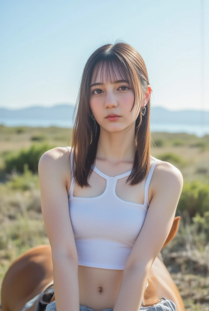 Japanese female, (underweight), (flat chest best quality:1.5), (cheerful grin:1.5),
(gray hoodie), (yellow shorts), ((woman standing on top of a mountain:1.4)),(((extreme long shot:1.4))), 