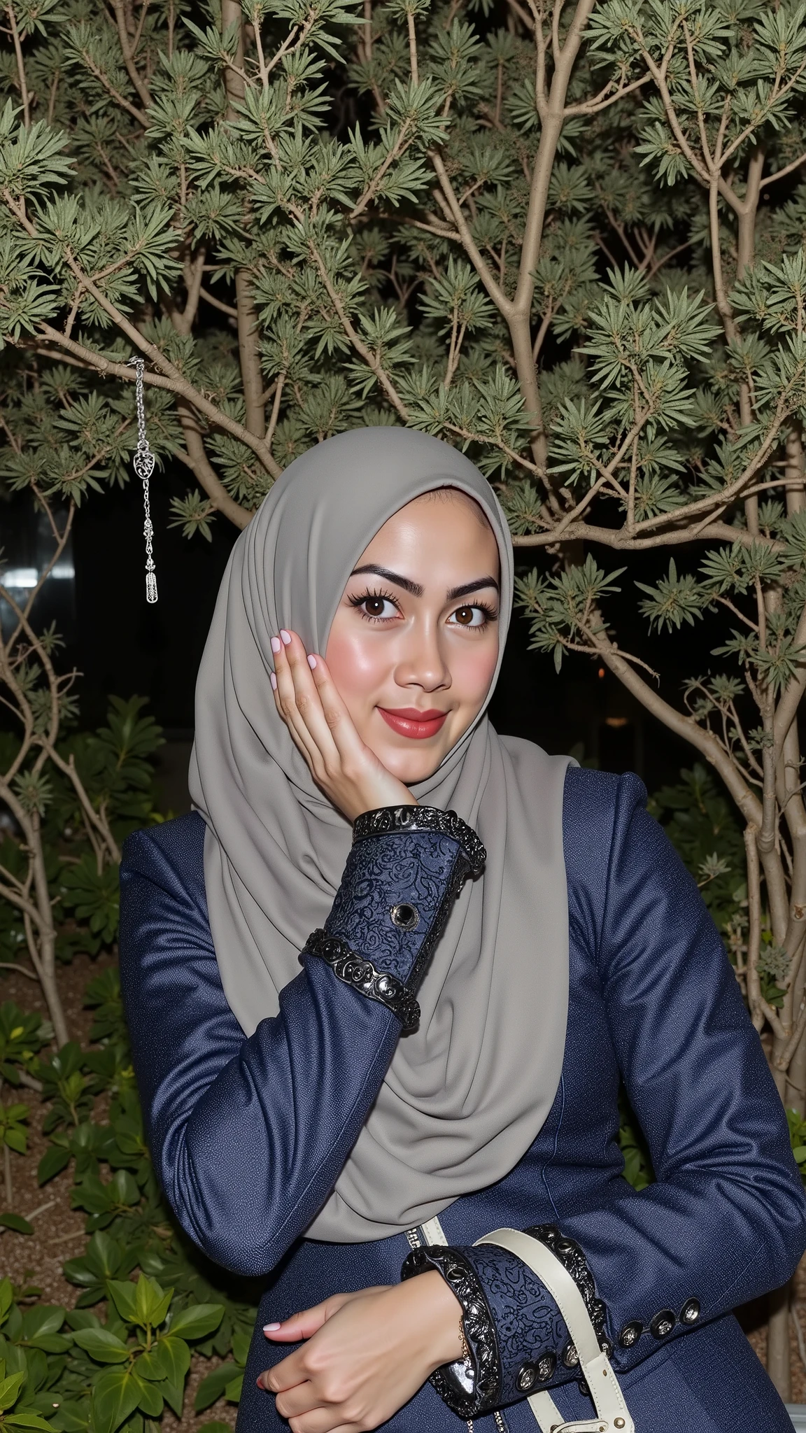 hyper HD, Masterpiece, Textured skin, 4K, Best quality of potrait a Beautiful hijab asian woman white fairy skin wearing dress , close-up half body , perfect hijab, detail veil , hyper realistic scarf and ornate on her side big back head hijab on likely hijab bun style , happy vibes, beauty smile , open mouth showing teeth , smiling confident , huge breast , perfect hands , auto correct detail fingers.