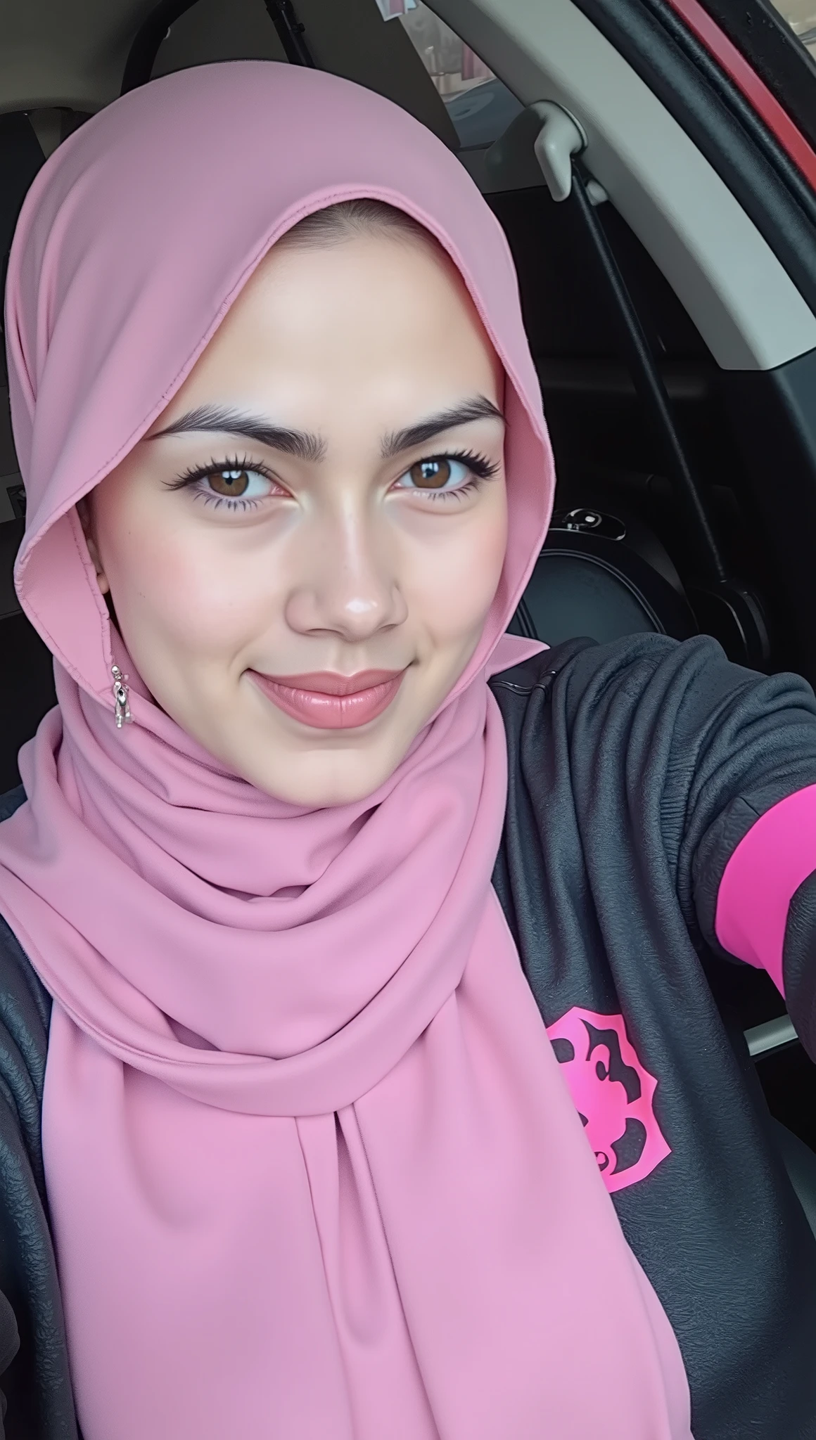 hyper HD, Masterpiece, Textured skin, 4K, Best quality of potrait a Beautiful hijab asian woman white fairy skin wearing dress , close-up half body , perfect hijab, detail veil , hyper realistic scarf and ornate on her side big back head hijab on likely hijab bun style , happy vibes, beauty smile , open mouth showing teeth , smiling confident , huge breast , perfect hands , auto correct detail fingers.