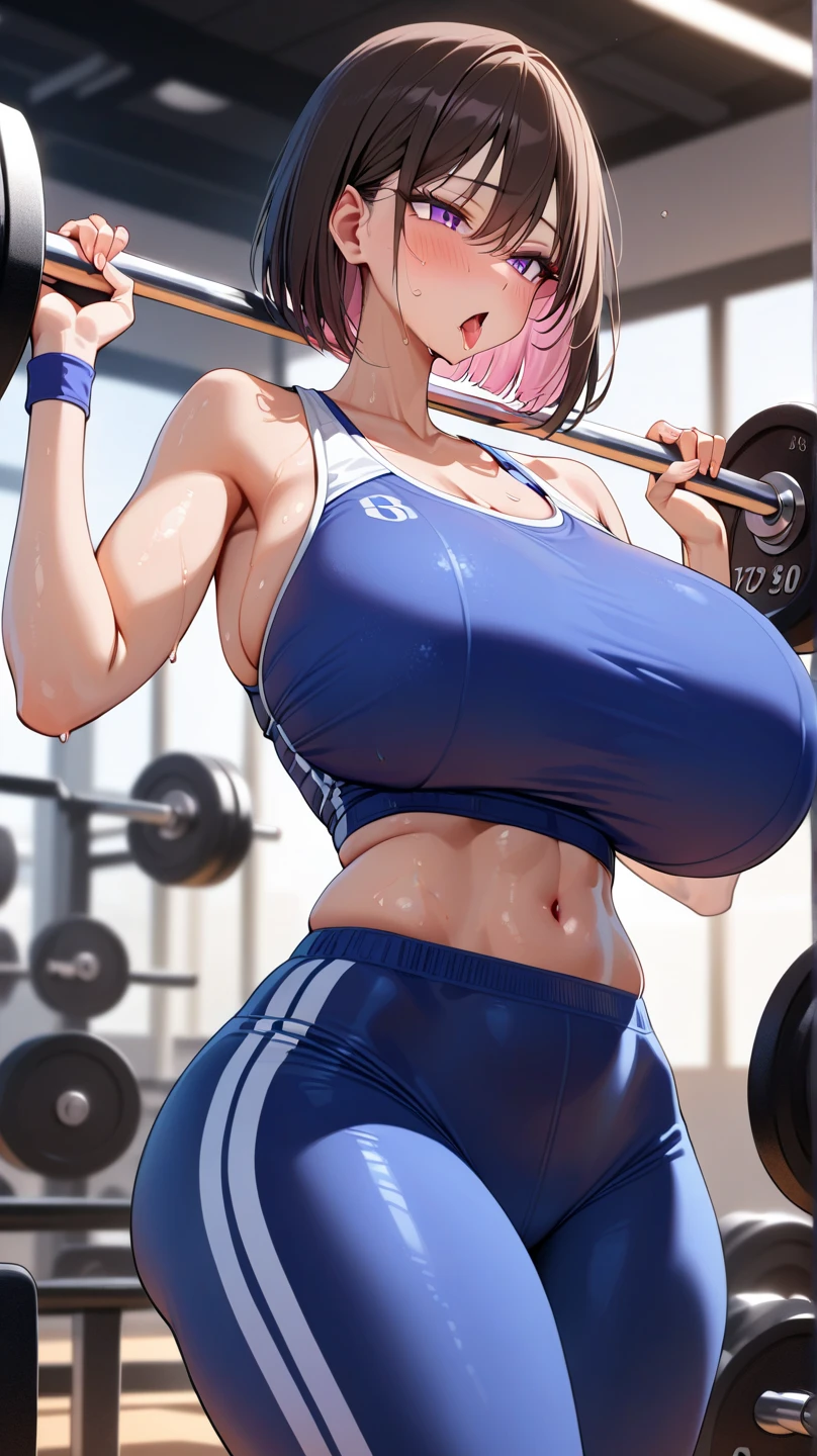 1girl, , skinny, slender,dark skin, 
short hair, brown hair, side braid, hair ribbon, 
sports bra, short shorts, sweat, sweatdrop, shiny skin, wet body, 
weightlifting, from side, close-up, 
gym,
 <lora:Navel_Piercing_IL:0.7> navel piercing, Smooth Quality,