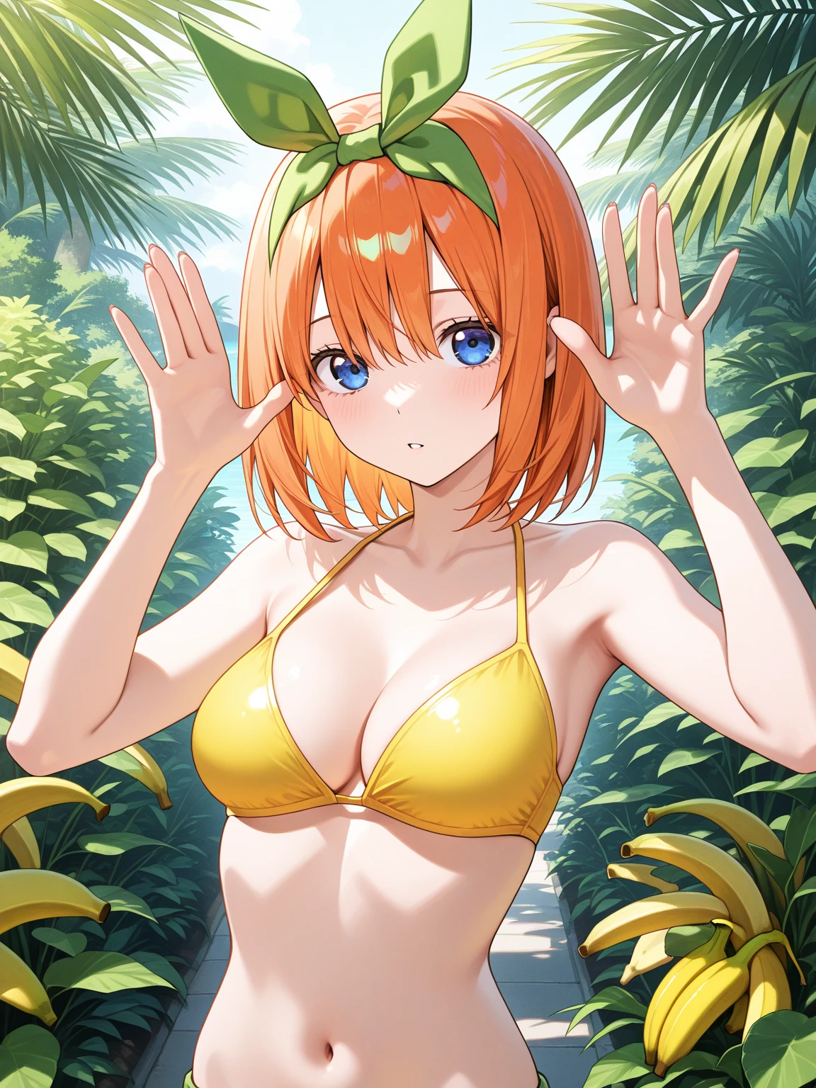 Nakano Yotsuba(five-minute bride)、One girl, masterpiece、highest quality、Orange Hair、Green hair ribbon,smile、((Yellow  )),grassland、Lots of flowers、Best illustrations、super high quality、Slender body、Slim body