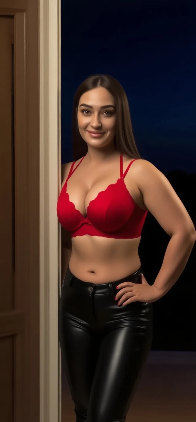 score_9, score_8_up, source_realistic, 2000s style, photo of a  fully clothed desiespresso woman,25yo, slender, beautiful looking, nose ornament, Red leather pants,Eyebrow wiggle of mischief, dynamic pose,contrasting plain background <lora:Desi_Tabela_v3_PDXL_LoRA_prodigy_local:1>