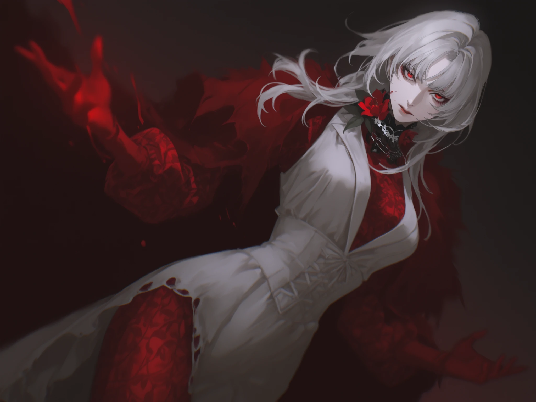  best quality, masterpiece, 1girl, silver hair, dynamic angle, dynamic pose, neutral expression, mature, evil, bloody hands, red fur cloak, red fur collar, flower collar, red hands, red gloves, straight bangs, mature face, dark fantasy, {white, red, evil, tall lady, mature, vampire, mature face, adult, splash art},sancho_(project_moon), red_flower, bloody, blood, red_lily, red undershirt, pattern undershirt, mature face, lingerie pattern), 1girl, cowboy_shot, white_hair, long_hair, blurry, eyeliner, path_to_nowhere, anime_style, white_dress, gothic, goth, victorian, carmilla, dark background, serious expression, blood-stained, bloody dress, torn dress, dark expression, pattern_leggings, coquelic_(path_to_nowhere) , blurry_background, 1girl, yoneyama mai, pale, parted_bangs, cut_bangs, red eyes, edgy fashion, victorian style, bold look, fashionable, solo, looking at viewer, red leggings, blurry, chromatic aberration, portrait, rich color, beautiful light, perfect contrast, realistic facial features, detailed features, defined features, detailed hair, semi-realistic style, attractive features, dark colors, dark lighting, painted style, detailed style, black outline, perfect detail, pale skin, eyebags, dull colors, anime style, semi-realistic, cute, boy, clear background, lifeless colors, dirty filter, dark, rough sketch lineart, loose lineart, watercolor coloring, masterpiece, ultra detailed, 4k, 8k, ultra hd, best
