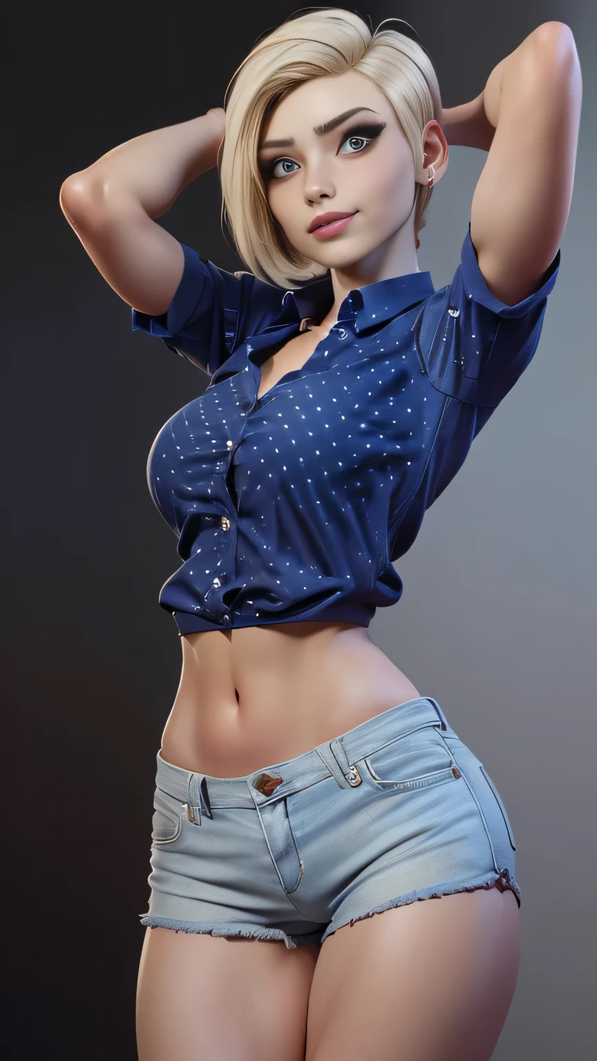 RAW digital art, ultra-realistic 3D render of a stunning woman Meowko, Close-Up portrait, ((young woman)), ((highly detailed face:1.3)), ((perfect proportioned body, Strong, muscular, narrow waist, narrow hips, skinn, perfect female figure:1.3)), ((skinny, slim waist, narrow hip, strong, athletic:1.3)), ((seductive gaze)), ((flawless skin texture, long eyelashes, expressive eyes with subtle reflections), ((perfect breasts, large breasts:1.4)), ((messy yet detailed hair strands, short messy lesbian haircut, one shaved side, platinum blonde: 1.55)), soft shadows and cinematic studio lighting, Pixar-inspired style blending vibrant colors with realistic details, ((wearing a red polka dot half shirt and cut-off daisy duke jean shorts that are unbuttoned, no underwear)) (high detailed city environment, apartment reaching high for a top shelf, her arms above head, One leg bent slightly at the knee, serene expression, background softly blurred with warm tones, (8K resolution, intricate textures, sharp focus)