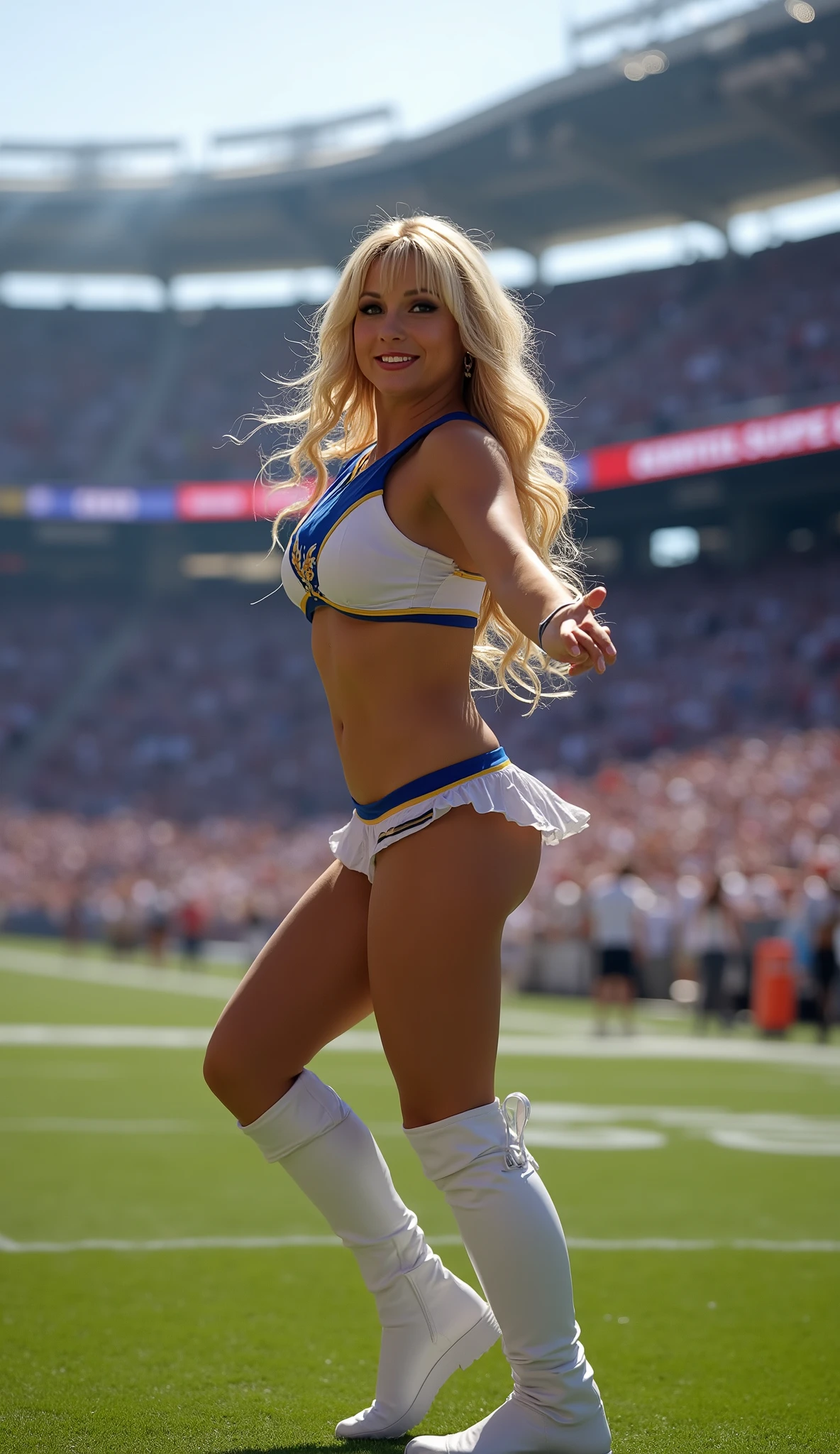 A strong beautiful woman, American football cheerleader, dancing in a stadium, she is wearing two pieces tight skirt cheerleader costume, nylon shiny white and blue, pantyhose, white long boots, American woman with long blonde hair, bang, photorealistic, hyperrealism, whole body from head to feet are visible,