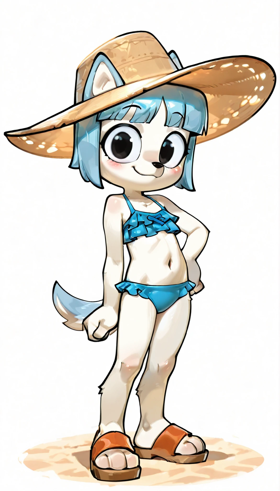 score_9, score_8_up, score_7_up, 1girl, source furry, young, "closeup, masterpiece, best quality, amazing quality, very aesthetic, high resolution, ultra-detailed, absurdres, newest, 4k, HDR, 8k, sulu kunshikter, 1girl, white body fur, black eyes, furry female, dog girl, furry, solo, flat chest, dog tail, smile, clear blue hair, straight bangs, ((wide brimmed hat, blue frilly bikini, midriff, sandals)), navel, animal dog ears, full body, feets with three toes, looking at viewer, animal nose, closed mouth, standing, one hand own hip, blush, frontal view, white background",