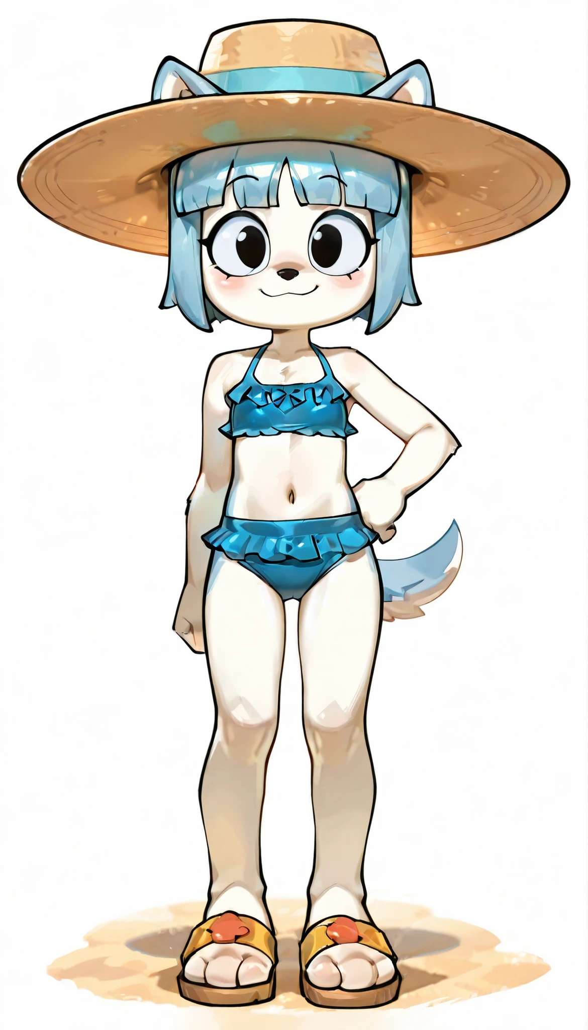 score_9, score_8_up, score_7_up, 1girl, source furry, young, "closeup, masterpiece, best quality, amazing quality, very aesthetic, high resolution, ultra-detailed, absurdres, newest, 4k, HDR, 8k, sulu kunshikter, 1girl, white body fur, black eyes, furry female, dog girl, furry, solo, flat chest, dog tail, smile, clear blue hair, straight bangs, ((wide brimmed hat, blue frilly bikini, midriff, sandals)), navel, animal dog ears, full body, feets with three toes, looking at viewer, animal nose, closed mouth, standing, one hand own hip, blush, frontal view, white background",