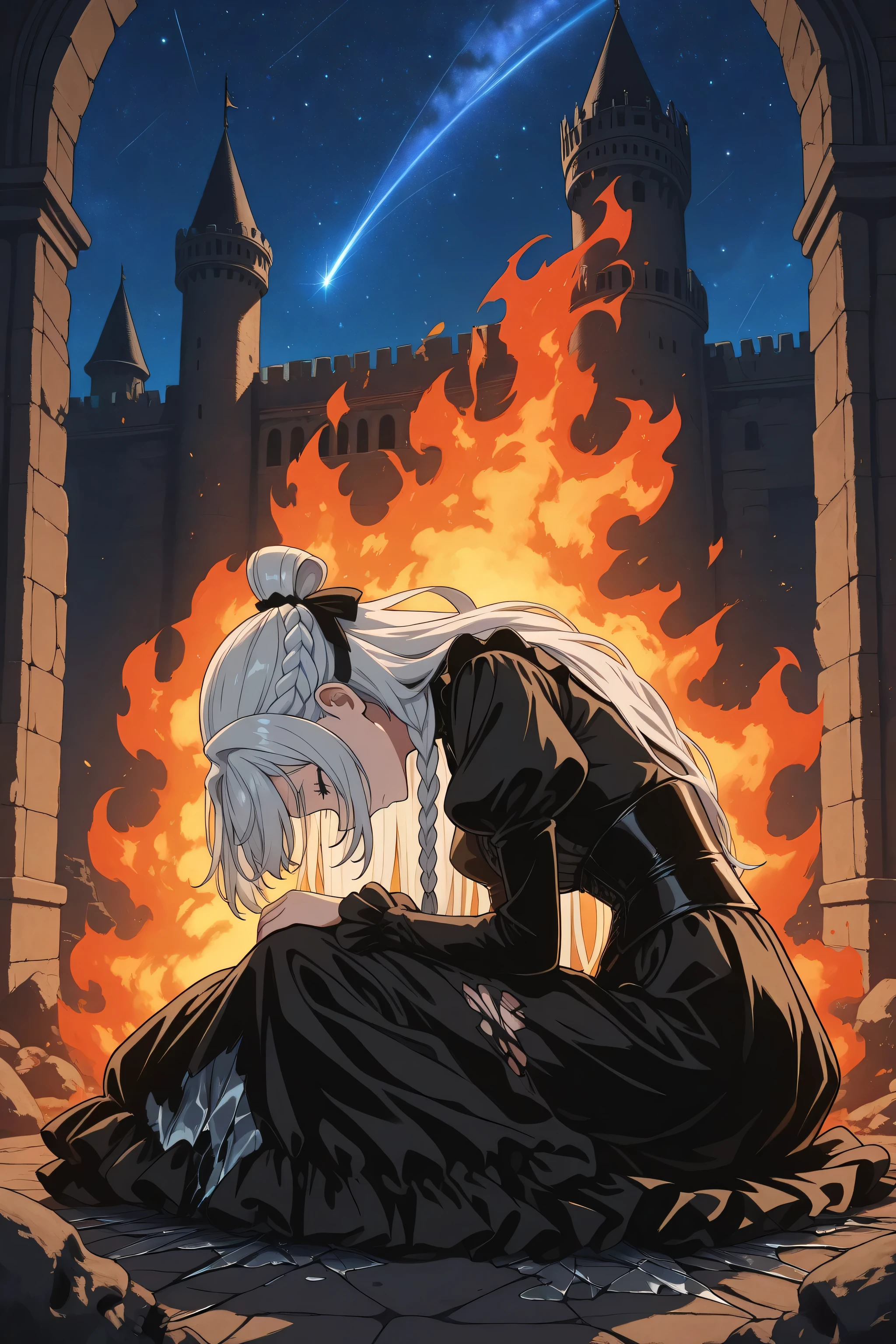 1 person,masterpiece、top quality、anime style,,HIGH DEFINITION,masterpiece,8k,,anime style,loves feminine, Doomsday Aristocrat,Aristocrat's Older Sister,Anime Style,womanhood,beautiful,Sadness,sheds tears,braids,half up,long hair, Silver Hair,clothes are torn,(((Shattered Dress))),gothic fashion,girl sitting,(((the castle that collapsed to shabbles is on fire))),night,starry sky,shooting stars,Aftermath ,The castle is on fire in the background,