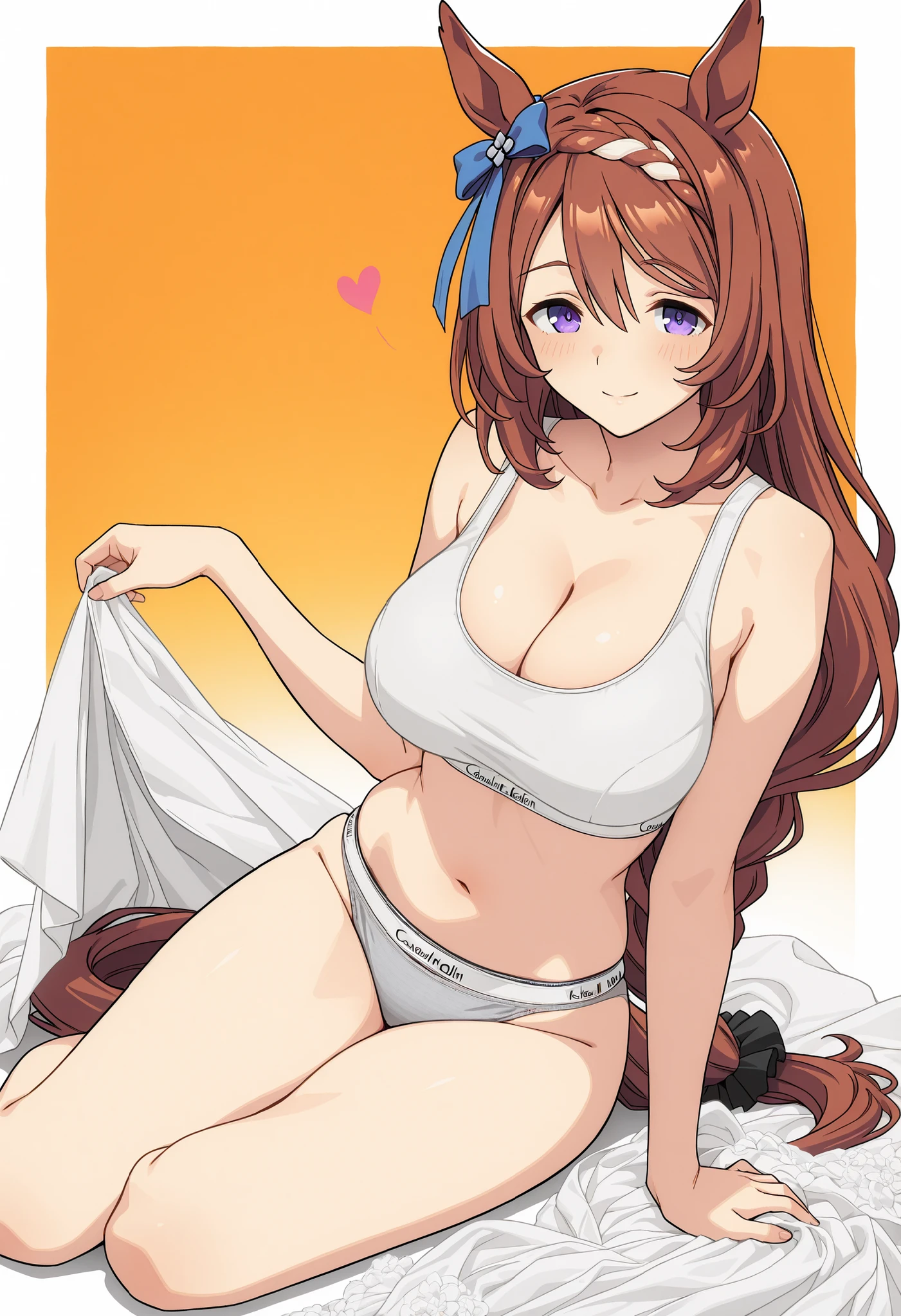 1girl, (solo:1.3), Super Creek (Umamusume),
horse ears, horse tail, long wavy brown hair with silky shine:1.3, gentle and mature expression, warm and affectionate aura,
outfit: (Calvin Klein underwear set:1.5), (white bra and panties:1.4), (minimalist design:1.3),
(subtle logo on waistband and bra band), (discarded wedding dress:1.4) lying loosely on the floor beside her, not worn, flowing fabric,
body: large breasts:1.4, deep cleavage and soft breast shape emphasized:1.4,
slim waistline, flat stomach, delicate collarbone, curvy and elegant silhouette,
pose: (yokozuwari:1.4), graceful side-sitting pose, legs folded to one side,
hands resting naturally beside her, (anatomically correct hands, detailed hands),
relaxed yet alluring posture,
expression: seductive smile:1.2, gentle and confident charm, affectionate eyes,
composition: dutch angle:1.2, from below:1.3, low-angle perspective emphasizing grace and softness,
background: orange background, fading border, white border,
flat color style, anime-style cel shading, minimalist design,
(masterpiece), (best quality), (extremely detailed), (highly refined), (8k), (flat color), (Hires.fix)