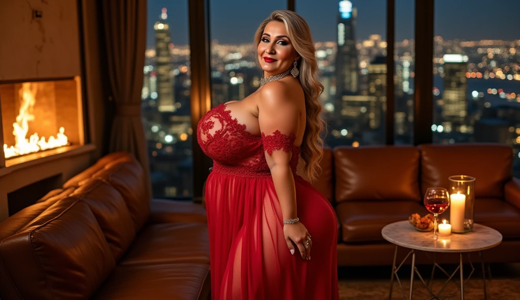 Beautiful 65 year old grandmother, mulher idosa de cabelos brancos, with her back to the camera showing a huge , cintura muito fina, quadril largo, beautiful grandmother, linda velha, night and urban scenery with bokeh and flares on camera
