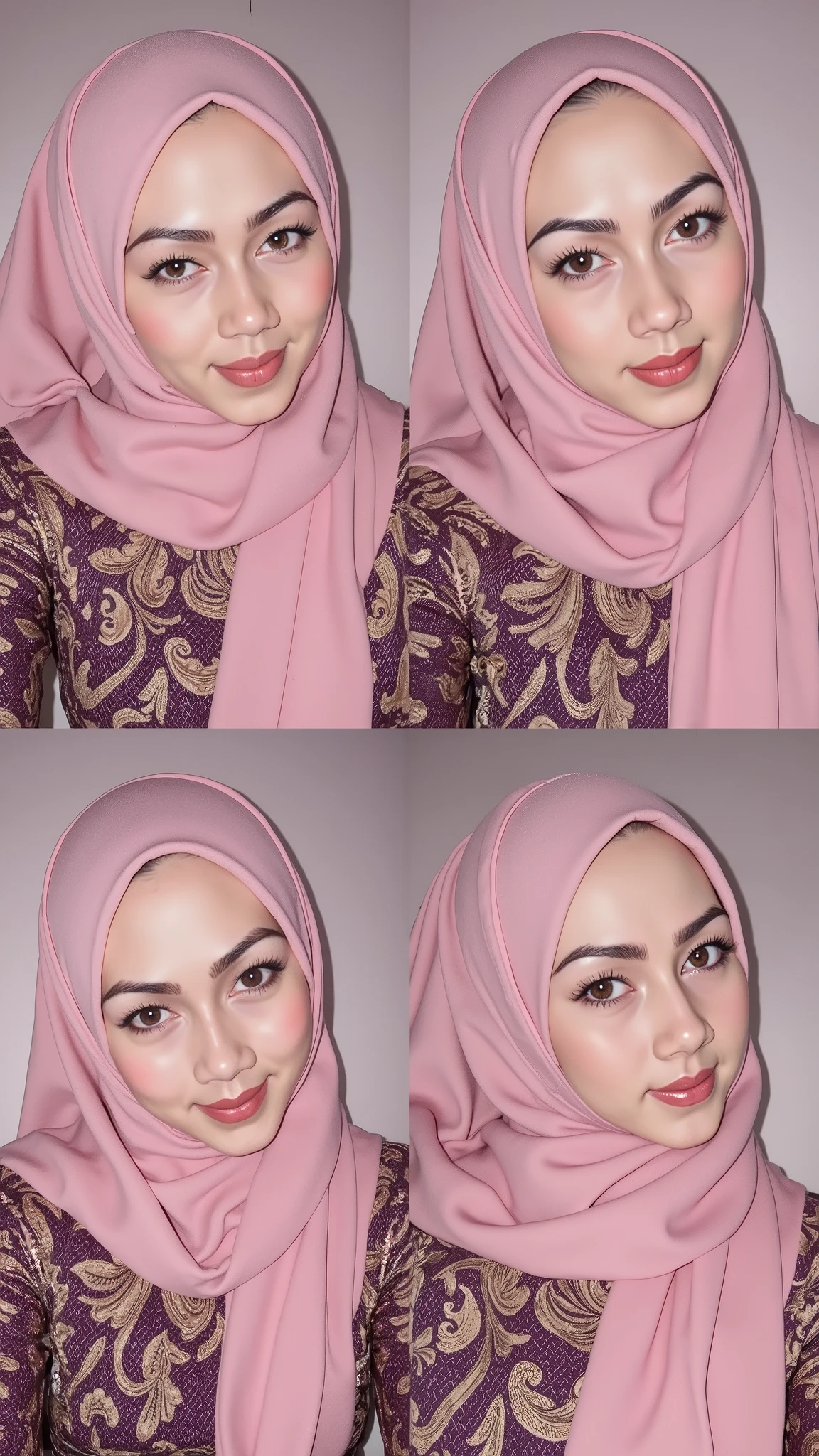 hyper HD, Masterpiece, Textured skin, 4K, Best quality of potrait a Beautiful hijab asian woman white fairy skin wearing dress , close-up half body , perfect hijab, detail veil , hyper realistic scarf and ornate on her side big back head hijab on likely hijab bun style , happy vibes, beauty smile , open mouth showing teeth , smiling confident , huge breast , real photo shoot DSLR HD Picture.