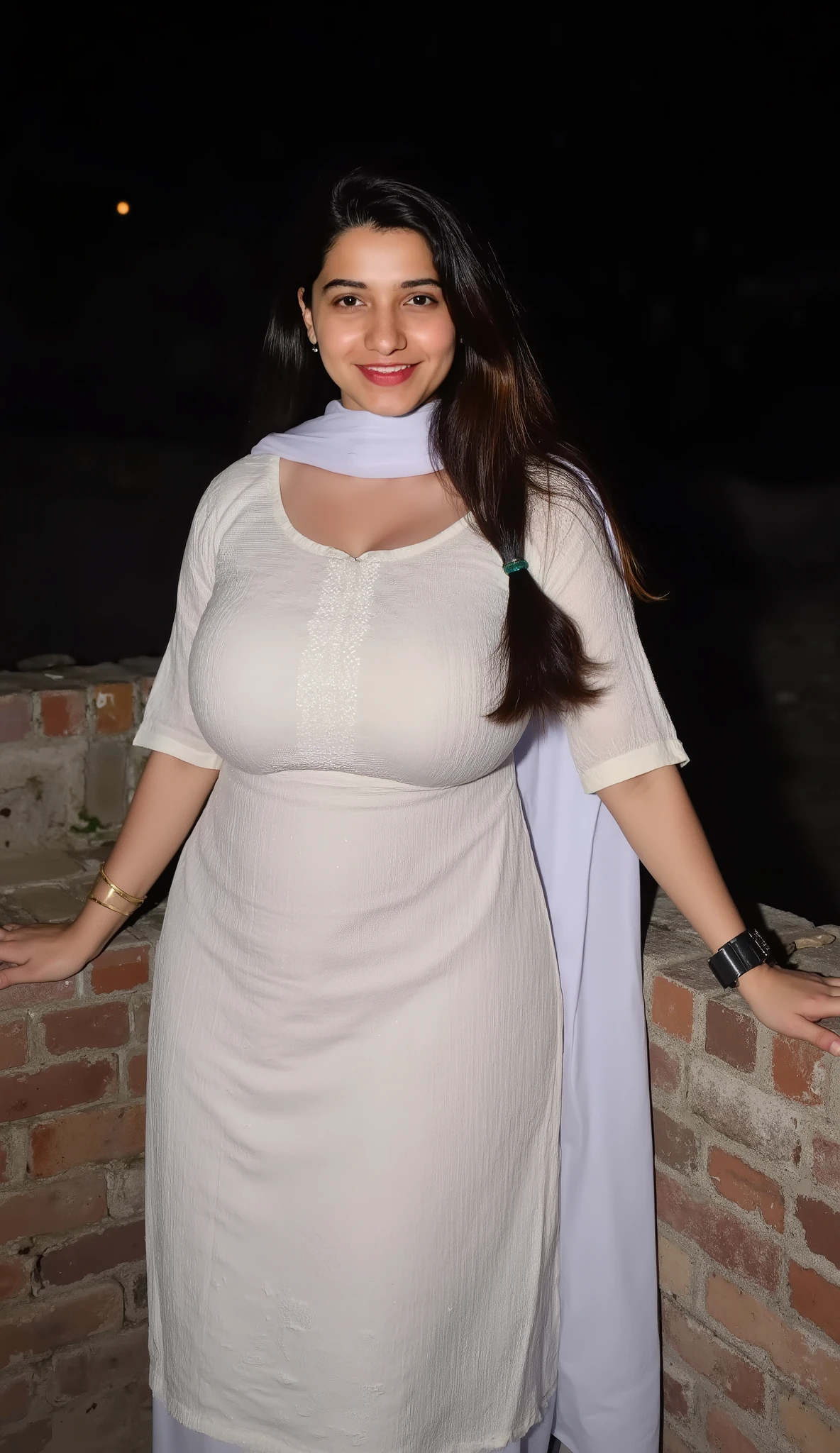 Beautiful chubby muslim Pakistani fair round face, chubby thick voluptuous body, mature housewife standing on abandoned building terace, leaning back on brick wall, wearing half sleeve kurti salwar, white sher scarf pallu, midnight darkness in background, horizon, sky, Busty, wide waist, hourglass voluptuous figure, curvy shyful eyes and a mischievous staring, horny exhibitionist, cotton fabric, matte finish fabric, highly detailed texture, detailed intricate pattern print, sunlight on black long hair ,High Resolution, Award Winning, High Details, Large breasts, Depth Of Field, Chromatic Aberration, shoot from front,