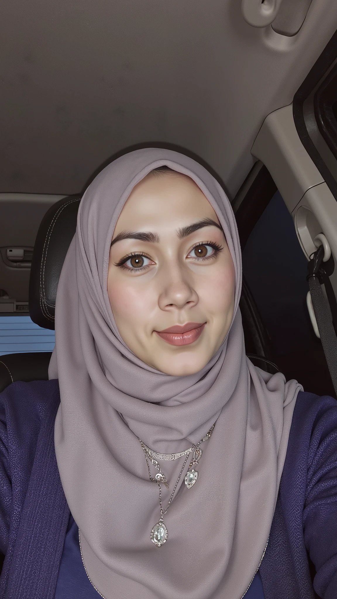 hyper HD, Masterpiece, Textured skin, 4K, Best quality of potrait a Beautiful hijab asian woman white fairy skin wearing dress , close-up half body , perfect hijab, detail veil , hyper realistic scarf and ornate on her side big back head hijab on likely hijab bun style , happy vibes, beauty smile , open mouth showing teeth , smiling confident , huge breast , perfect hands , auto correct detail fingers.