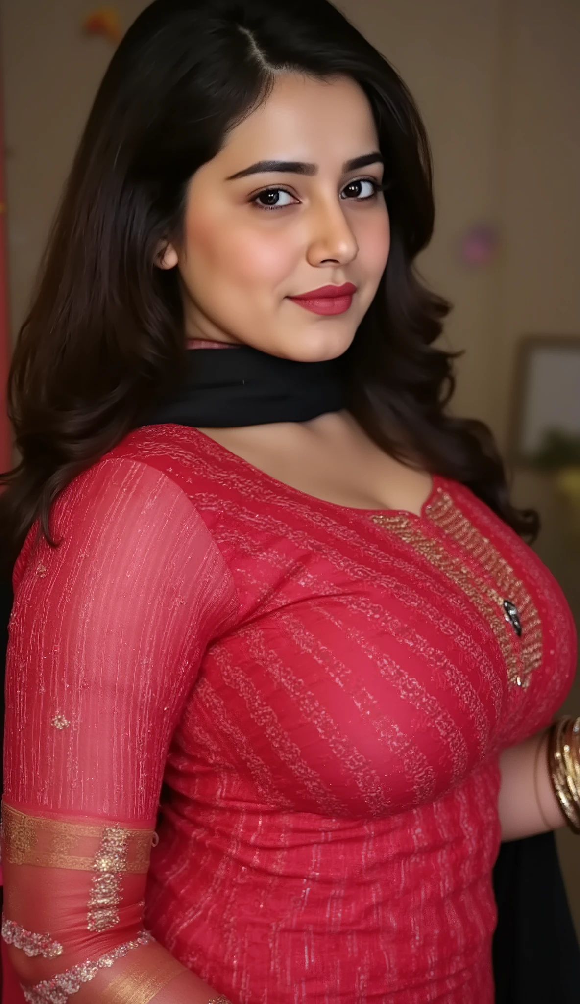 Midnight, darkness, Beautiful fair muslim Pakistani chubby face, voluptuous body, young newly married dulhan housewife standing near honeymoon bed in abandoned poor slum bedroom, wearing half sleeve red kurti salwar, black sher scarf pallu, room decorated in flowers in background, Busty, wide waist, hourglass voluptuous plump Chubby figure, curvy body, shyful eyes and a shyfully staring, horny exhibitionist, henna mehendi on hands, bangles, earings, anklets, dulhan jewellery, first honeymoon night, cotton fabric, matte finish fabric, highly detailed texture, detailed intricate pattern print, dimlight on black long hair ,High Resolution, Award Winning, High Details, Large breasts, Depth Of Field, Chromatic Aberration, shoot from front,