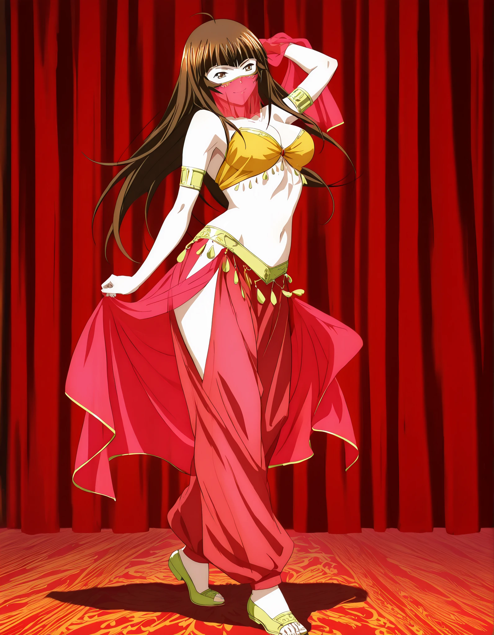 (1girl:1 . 5) , (Seul:1 . 5) , score_9 , score_8_haut , score_7_haut , source_anime , Official work  , ultra-detailed , masterpiece , best quality , high resolution , beaux yeux , detailed eyes , Detailed face , beautiful detailed eyes,1girl, long hair, brown hair, bangs, brown eyes, multicolored hair, blunt bangs, streaked hair,Ikkitousen,Ten'i,Arabian Clothes , Arabian Dancer Outfit ,belly dancer costume,belly dancer outfit ,full body,golden jewelery,mouth veil,armlet, belly dancing,arabian theater,seductive smile, dancing with veil, dynamic movement,dance posture,  pose