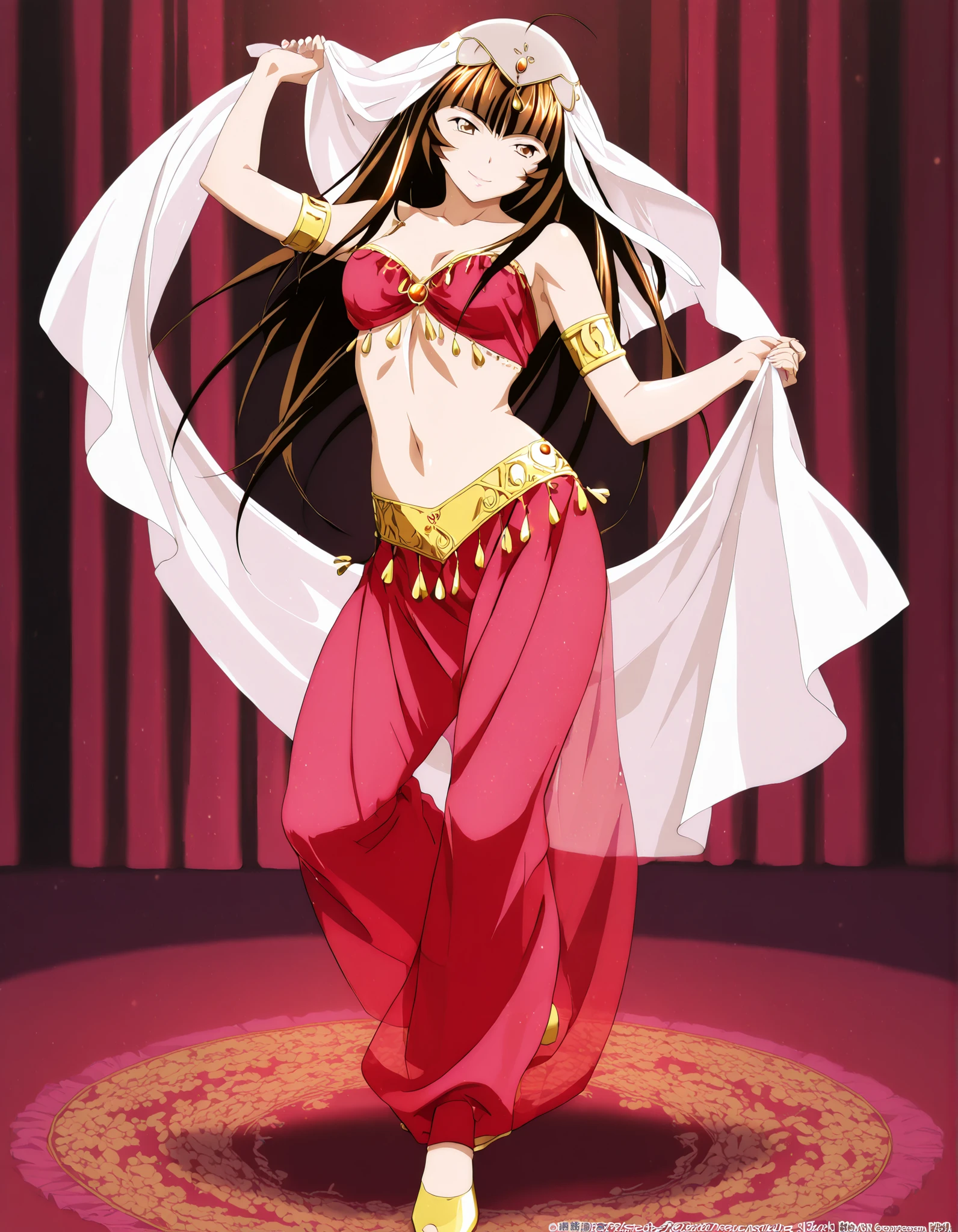 (1girl:1 . 5) , (Seul:1 . 5) , score_9 , score_8_haut , score_7_haut , source_anime , Official work  , ultra-detailed , masterpiece , best quality , high resolution , beaux yeux , detailed eyes , Detailed face , beautiful detailed eyes,1girl, long hair, brown hair, bangs, brown eyes, multicolored hair, blunt bangs, streaked hair,Ikkitousen,Ten'i,Arabian Clothes , Arabian Dancer Outfit ,belly dancer costume,belly dancer outfit ,full body,golden jewelery,armlet, belly dancing,arabian theater,seductive smile, dancing with veil, dynamic movement,dance posture,  pose