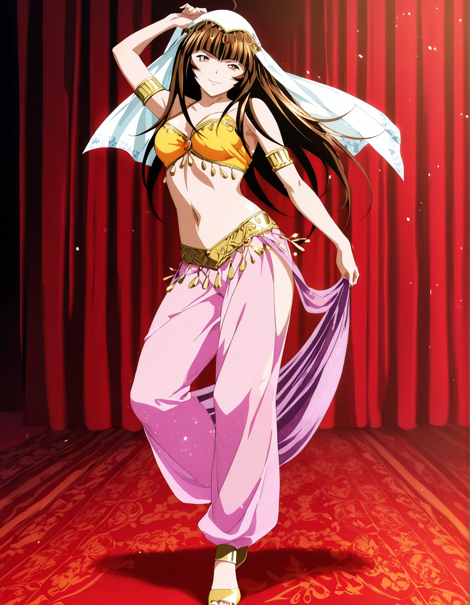 (1girl:1 . 5) , (Seul:1 . 5) , score_9 , score_8_haut , score_7_haut , source_anime , Official work  , ultra-detailed , masterpiece , best quality , high resolution , beaux yeux , detailed eyes , Detailed face , beautiful detailed eyes,1girl, long hair, brown hair, bangs, brown eyes, multicolored hair, blunt bangs, streaked hair,Ikkitousen,Ten'i,Arabian Clothes , Arabian Dancer Outfit ,belly dancer costume,belly dancer outfit ,full body,golden jewelery,armlet, belly dancing,arabian theater,seductive smile, dancing with veil, dynamic movement,dance posture,  pose