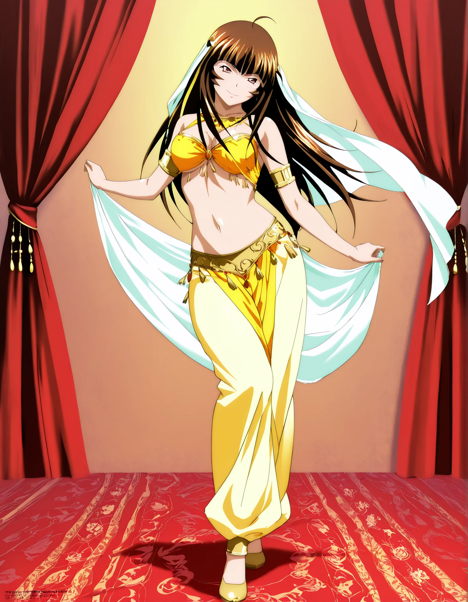 (1girl:1 . 5) , (Seul:1 . 5) , score_9 , score_8_haut , score_7_haut , source_anime , Official work  , ultra-detailed , masterpiece , best quality , high resolution , beaux yeux , detailed eyes , Detailed face , beautiful detailed eyes,1girl, long hair, brown hair, bangs, brown eyes, multicolored hair, blunt bangs, streaked hair,Ikkitousen,Ten'i,Arabian Clothes , Arabian Dancer Outfit ,belly dancer costume,belly dancer outfit ,full body,golden jewelery,armlet, belly dancing,arabian theater,seductive smile, dancing with veil, dynamic movement,dance posture,  pose