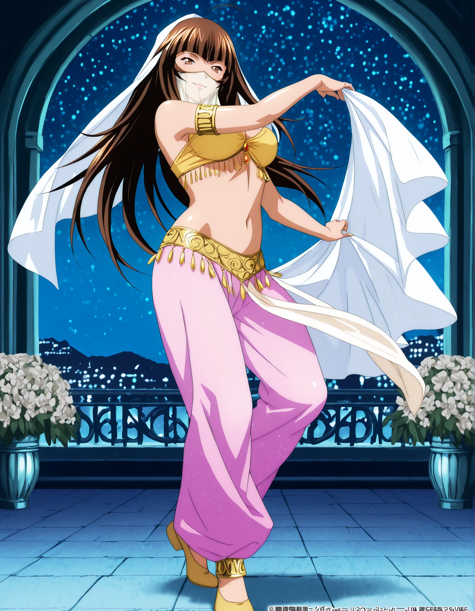 (1girl:1 . 5) , (Seul:1 . 5) , score_9 , score_8_haut , score_7_haut , source_anime , Official work  , ultra-detailed , masterpiece , best quality , high resolution , beaux yeux , detailed eyes , Detailed face , beautiful detailed eyes,1girl, long hair, brown hair, bangs, brown eyes, multicolored hair, blunt bangs, streaked hair,Ikkitousen,Ten'i,Arabian Clothes , Arabian Dancer Outfit ,belly dancer costume,belly dancer outfit ,full body,golden jewelery,mouth veil,armlet, belly dancing,night,arabian garden,seductive smile, dancing with veil, dynamic movement,dance posture,  pose