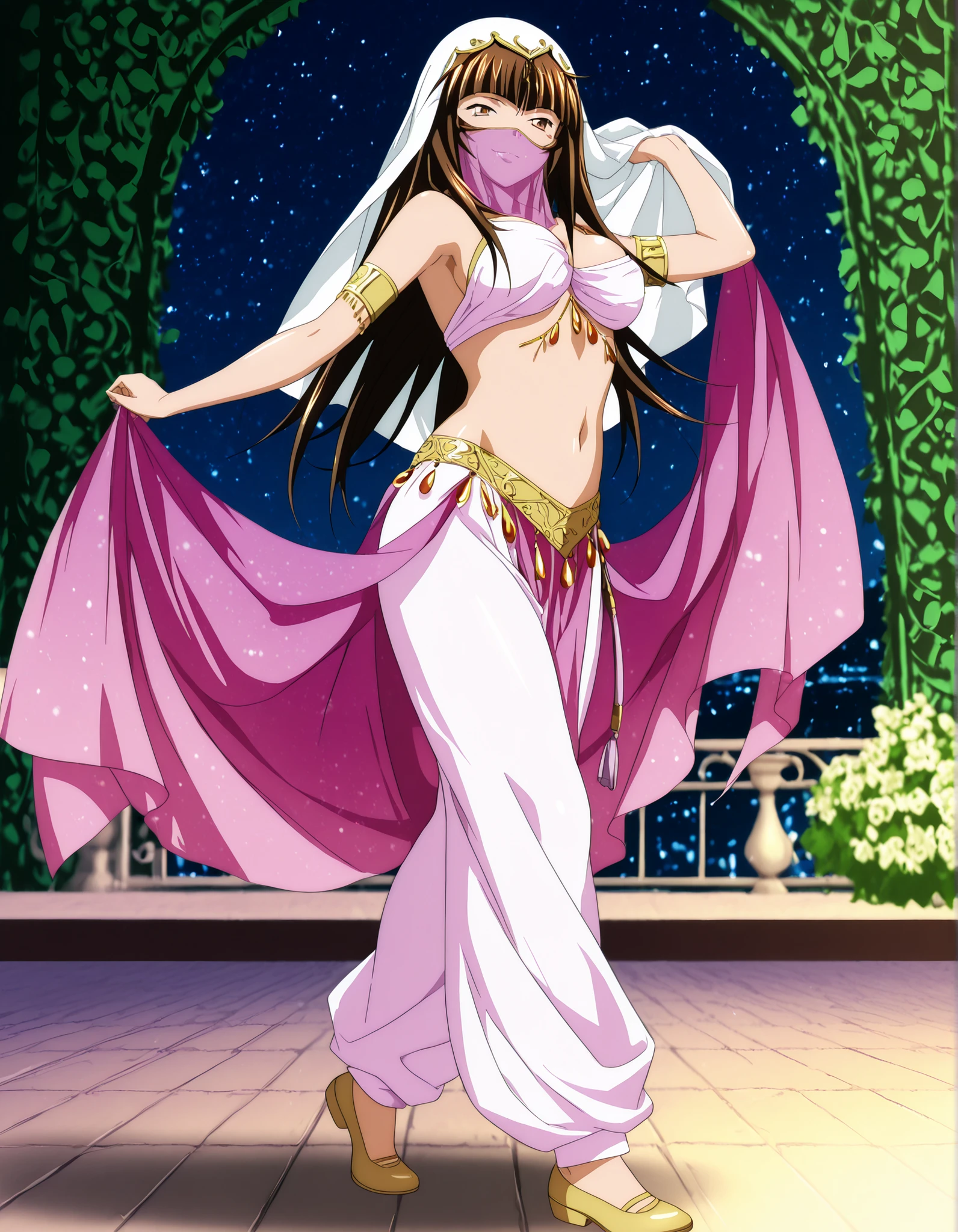 (1girl:1 . 5) , (Seul:1 . 5) , score_9 , score_8_haut , score_7_haut , source_anime , Official work  , ultra-detailed , masterpiece , best quality , high resolution , beaux yeux , detailed eyes , Detailed face , beautiful detailed eyes,1girl, long hair, brown hair, bangs, brown eyes, multicolored hair, blunt bangs, streaked hair,Ikkitousen,Ten'i,Arabian Clothes , Arabian Dancer Outfit ,belly dancer costume,belly dancer outfit ,full body,golden jewelery,mouth veil,armlet, belly dancing,night,arabian garden,seductive smile, dancing with veil, dynamic movement,dance posture,  pose