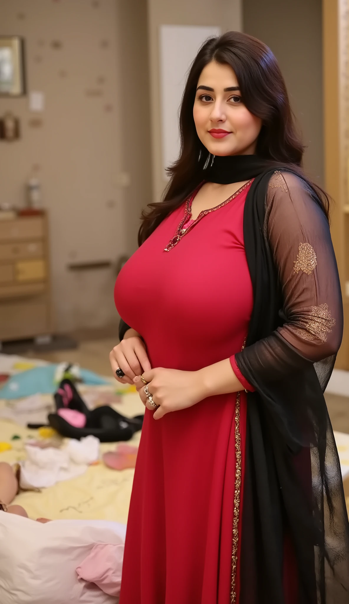 Midnight, darkness, Beautiful fair muslim Pakistani chubby face, voluptuous body, young newly married dulhan housewife standing near honeymoon bed in abandoned poor slum bedroom, wearing half sleeve red kurti salwar, black sher scarf pallu, room decorated in flowers in background, Busty, wide waist, hourglass voluptuous plump Chubby figure, curvy body, shyful eyes and a shyfully staring, horny exhibitionist, henna mehendi on hands, bangles, earings, anklets, dulhan jewellery, first honeymoon night, cotton fabric, matte finish fabric, highly detailed texture, detailed intricate pattern print, dimlight on black long hair ,High Resolution, Award Winning, High Details, Large breasts, Depth Of Field, Chromatic Aberration, shoot from front,