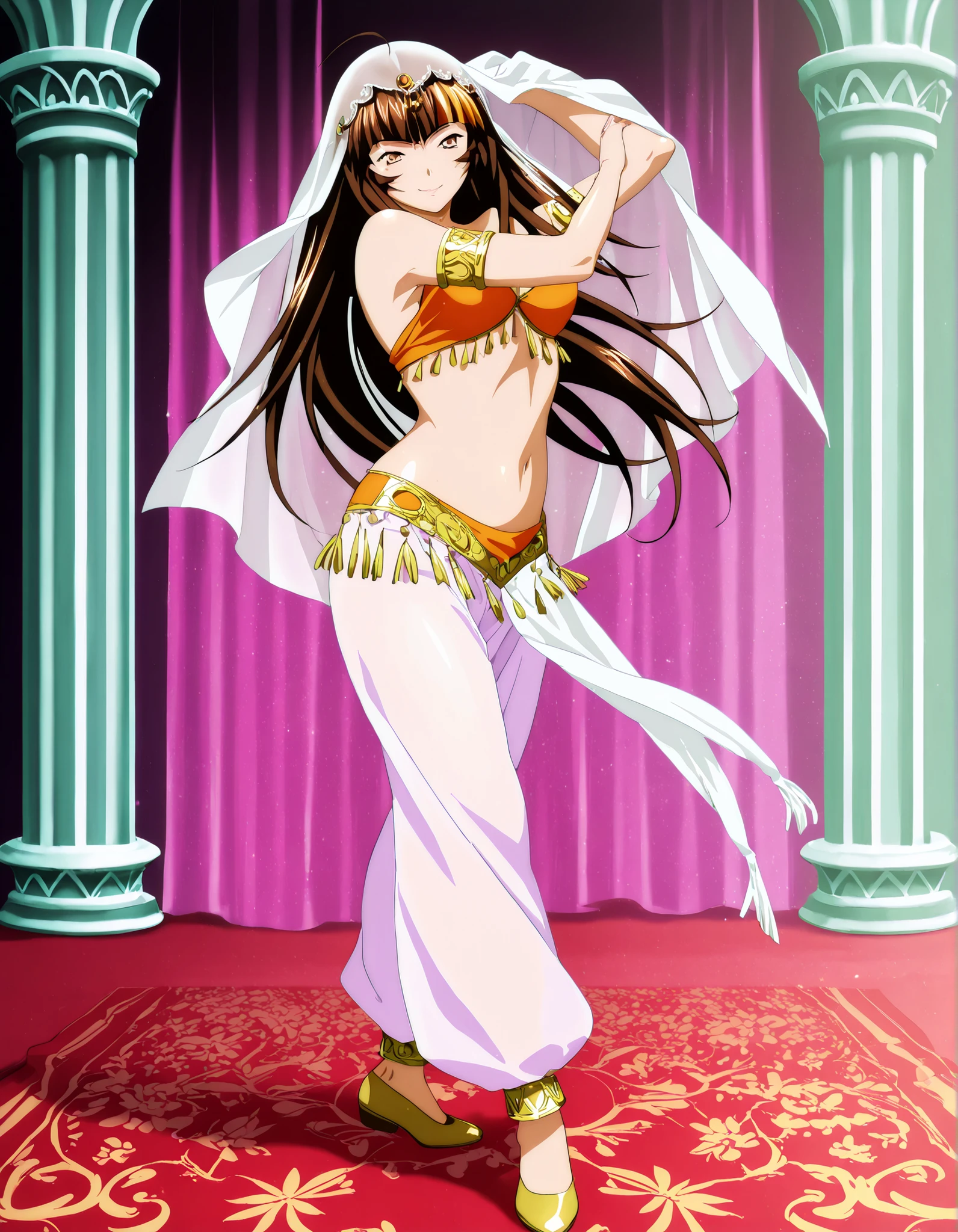 (1girl:1 . 5) , (Seul:1 . 5) , score_9 , score_8_haut , score_7_haut , source_anime , Official work  , ultra-detailed , masterpiece , best quality , high resolution , beaux yeux , detailed eyes , Detailed face , beautiful detailed eyes,1girl, long hair, brown hair, bangs, brown eyes, multicolored hair, blunt bangs, streaked hair,Ikkitousen,Ten'i,Arabian Clothes , Arabian Dancer Outfit ,belly dancer costume,belly dancer outfit ,full body,golden jewelery,armlet, belly dancing,arabian garden,seductive smile, dancing with veil, dynamic movement,dance posture,  pose