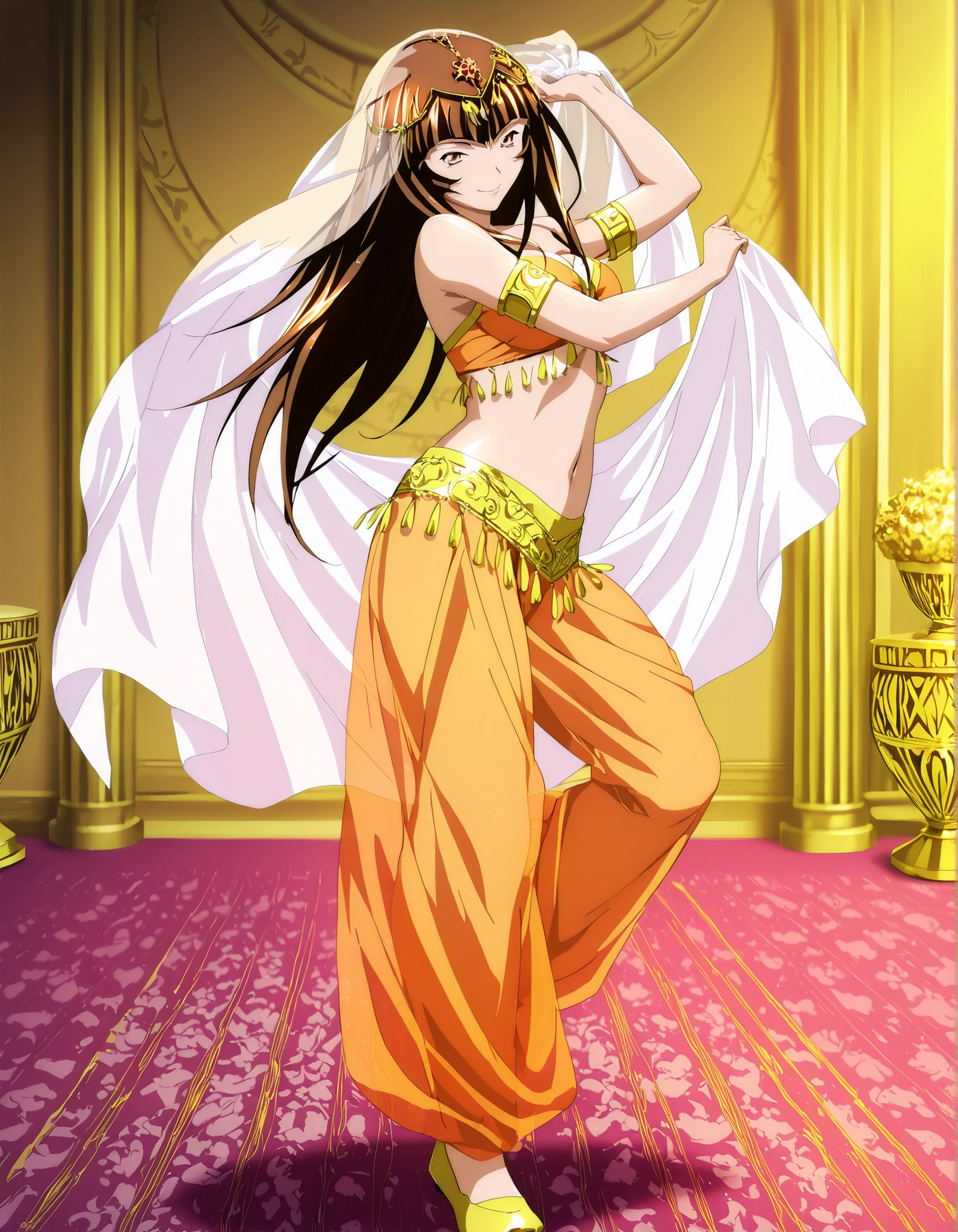 (1girl:1 . 5) , (Seul:1 . 5) , score_9 , score_8_haut , score_7_haut , source_anime , Official work  , ultra-detailed , masterpiece , best quality , high resolution , beaux yeux , detailed eyes , Detailed face , beautiful detailed eyes,1girl, long hair, brown hair, bangs, brown eyes, multicolored hair, blunt bangs, streaked hair,Ikkitousen,Ten'i,Arabian Clothes , Arabian Dancer Outfit ,belly dancer costume,belly dancer outfit ,full body,golden jewelery,armlet, belly dancing,arabian garden,seductive smile, dancing with veil, dynamic movement,dance posture,  pose