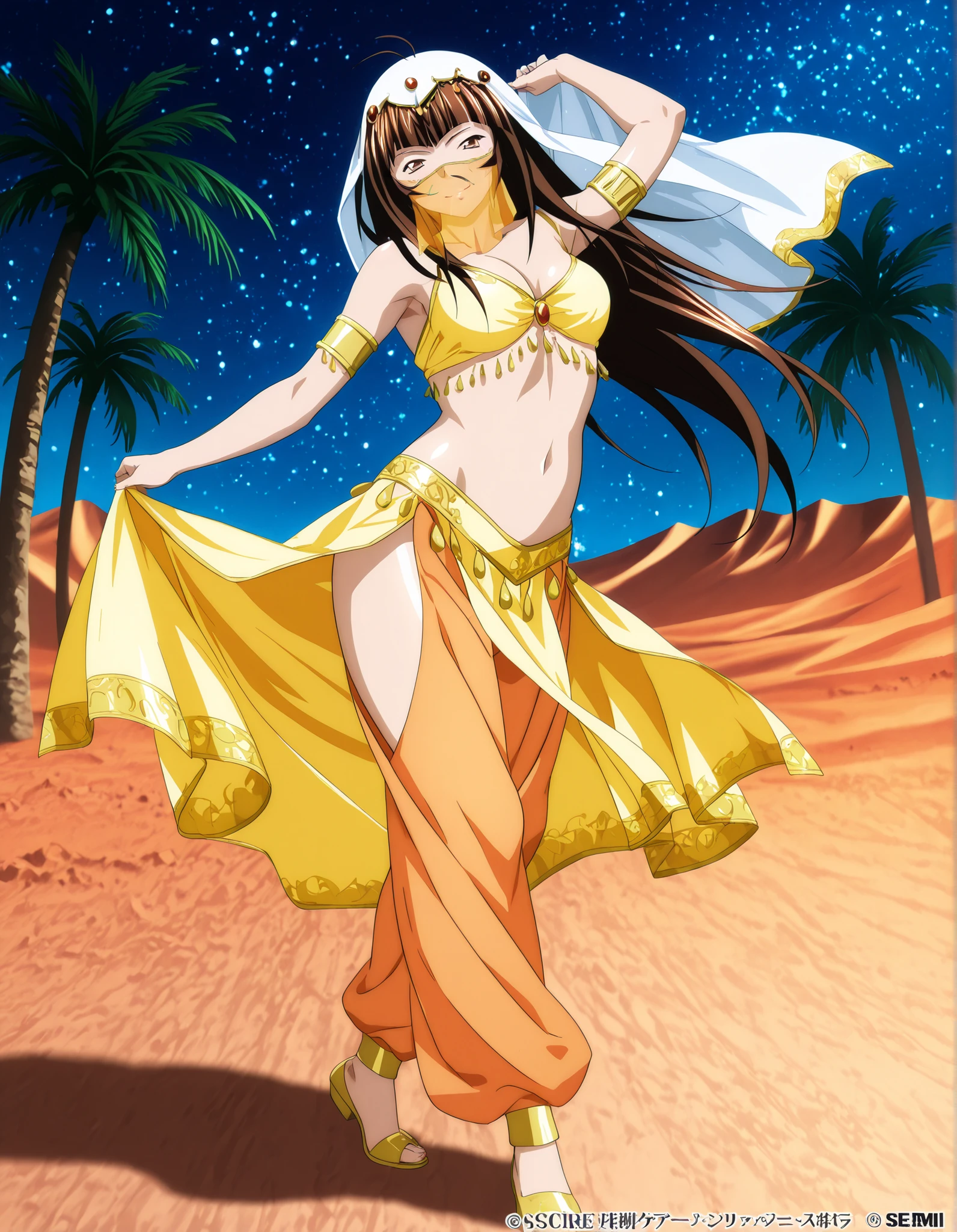 (1girl:1 . 5) , (Seul:1 . 5) , score_9 , score_8_haut , score_7_haut , source_anime , Official work  , ultra-detailed , masterpiece , best quality , high resolution , beaux yeux , detailed eyes , Detailed face , beautiful detailed eyes,1girl, long hair, brown hair, bangs, brown eyes, multicolored hair, blunt bangs, streaked hair,Ikkitousen,Ten'i,Arabian Clothes , Arabian Dancer Outfit ,belly dancer costume,belly dancer outfit ,full body,golden jewelery,mouth veil,armlet, belly dancing,night,desert lands,palm tree,seductive smile, dancing with veil, dynamic movement,dance posture,  pose