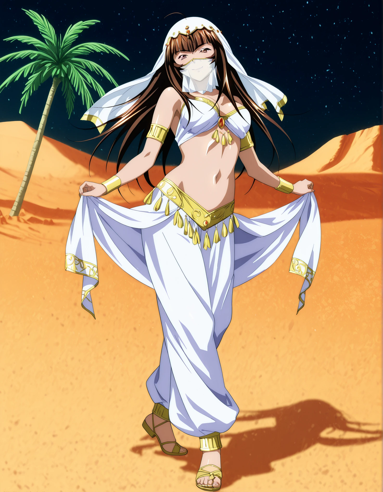 (1girl:1 . 5) , (Seul:1 . 5) , score_9 , score_8_haut , score_7_haut , source_anime , Official work  , ultra-detailed , masterpiece , best quality , high resolution , beaux yeux , detailed eyes , Detailed face , beautiful detailed eyes,1girl, long hair, brown hair, bangs, brown eyes, multicolored hair, blunt bangs, streaked hair,Ikkitousen,Ten'i,Arabian Clothes , Arabian Dancer Outfit ,belly dancer costume,belly dancer outfit ,full body,golden jewelery,mouth veil,armlet, belly dancing,night,desert lands,palm tree,seductive smile, dancing with veil, dynamic movement,dance posture,  pose