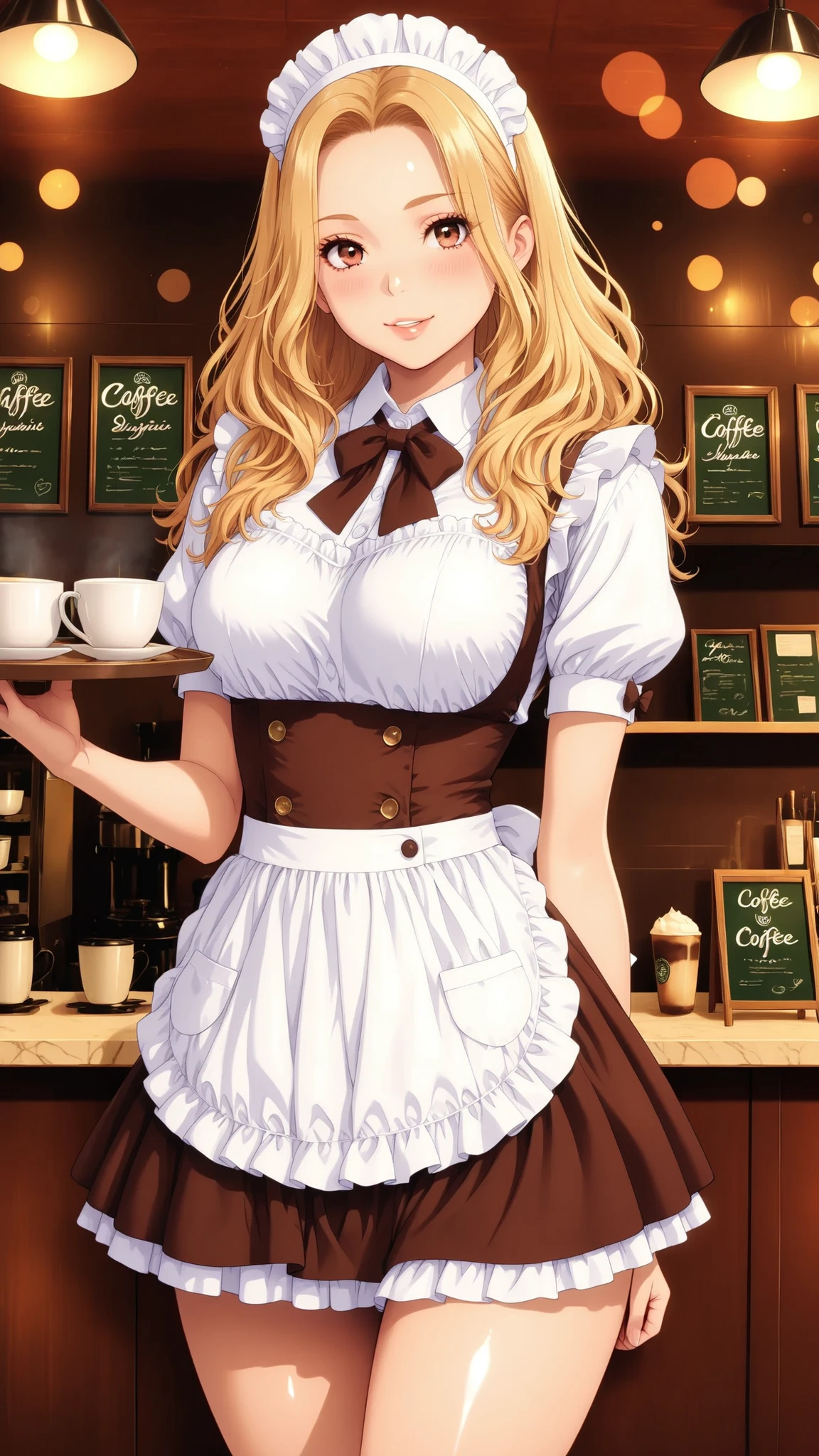 Semi realistic, solo, maid clothes, standing pose, low angle, Hold coffee on a tray, ((Cafe,  inside the coffee shop)), (フリル付きmaid clothes, Mini Skirt), smile Yang, 優しいsmile Yang, charming eyes, shiny skin, graceful behavior, shiny,  Broken Lips, Blonde, applied to wavy hair, blush, sexy portrait, medium close-up shot, high resolution, accurate texture, Delicate Details, natural shadows, Refined Backgrounds, Warm colors , delicate portrait of a detailed face, digital art,  Picture , beautiful anime style, High Quality, 非常にhigh resolution, (最High Quality), (Super Detailed:1.2), high resolution,   Aesthetic Expression  , Super Detailed, realistic, cinematic, masterpiece,  Beautiful CG Illustrations , Clear Outline, Bokeh Background.