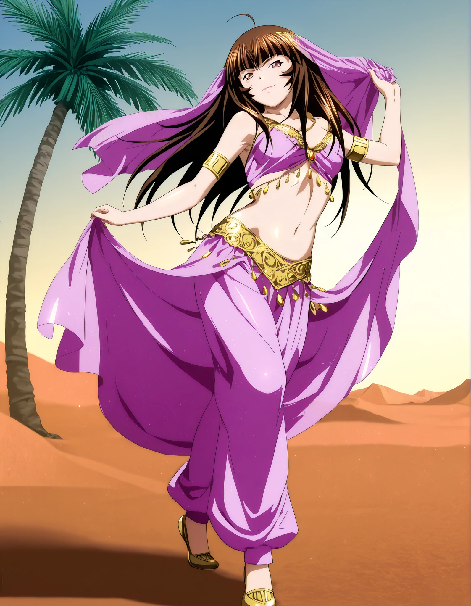 (1girl:1 . 5) , (Seul:1 . 5) , score_9 , score_8_haut , score_7_haut , source_anime , Official work  , ultra-detailed , masterpiece , best quality , high resolution , beaux yeux , detailed eyes , Detailed face , beautiful detailed eyes,1girl, long hair, brown hair, bangs, brown eyes, multicolored hair, blunt bangs, streaked hair,Ikkitousen,Ten'i,Arabian Clothes , Arabian Dancer Outfit ,belly dancer costume,belly dancer outfit ,full body,golden jewelery,armlet, belly dancing,desert lands,palm tree,seductive smile, dancing with veil, dynamic movement,dance posture,  pose