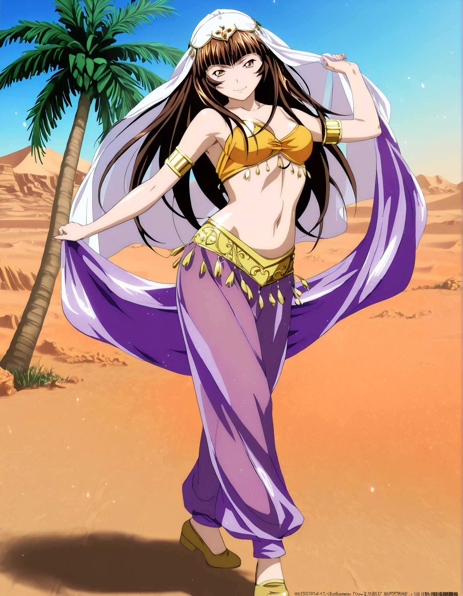 (1girl:1 . 5) , (Seul:1 . 5) , score_9 , score_8_haut , score_7_haut , source_anime , Official work  , ultra-detailed , masterpiece , best quality , high resolution , beaux yeux , detailed eyes , Detailed face , beautiful detailed eyes,1girl, long hair, brown hair, bangs, brown eyes, multicolored hair, blunt bangs, streaked hair,Ikkitousen,Ten'i,Arabian Clothes , Arabian Dancer Outfit ,belly dancer costume,belly dancer outfit ,full body,golden jewelery,armlet, belly dancing,desert lands,palm tree,seductive smile, dancing with veil, dynamic movement,dance posture,  pose