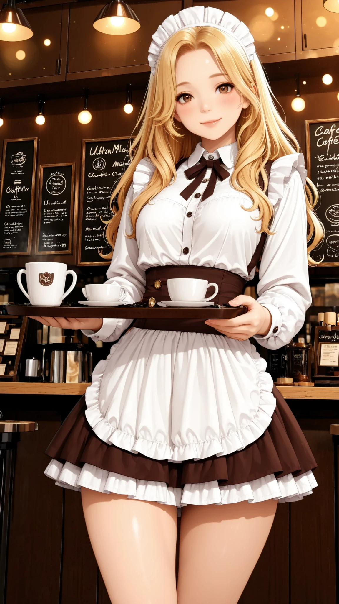 Semi realistic, solo, maid clothes, standing pose, low angle, Hold coffee on a tray, ((Cafe, inside the coffee shop)), (フリル付きmaid clothes, Mini Skirt), smile Yang, 優しいsmile Yang, charming eyes, shiny skin, graceful behavior, shiny, Broken Lips, Blonde, applied to wavy hair, blush, sexy portrait, medium close-up shot, high resolution, accurate texture, Delicate Details, natural shadows, Refined Backgrounds, Warm colors , delicate portrait of a detailed face, digital art, Picture , beautiful anime style, High Quality, 非常にhigh resolution, (最High Quality), (Super Detailed:1.2), high resolution, Aesthetic Expression , Super Detailed, realistic, cinematic, masterpiece, Beautiful CG Illustrations , Clear Outline, Bokeh Background.