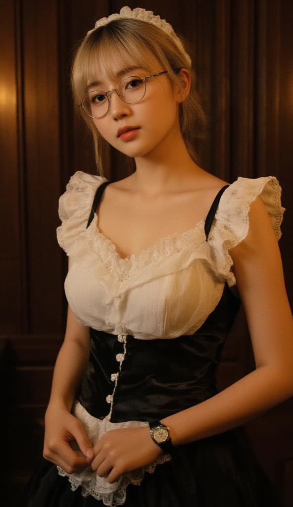 (((Blonde、forehead、White background、シンプルな無地のWhite background、Frills、race、Black clothes、belt)))、Highest quality, White skin, Real human skin, (Detailed face), Oval Face, pores, Ultra-high resolution, (8K, RAW Photos, Realistic:1.4), One girl, slim, (She looks straight at the viewer with a calm, goddess-like happiness.:1.2), (Lifter Gloss, eyelash, Shiny surface, Highest quality, Ultra-high resolution, Wide lighting, Natural Shading), Teacher Fashion, No sleeve, dress, Put your arms behind your back:1.3,  Bokeh, Depth of written boundary, Cowboy Shot:1.3,