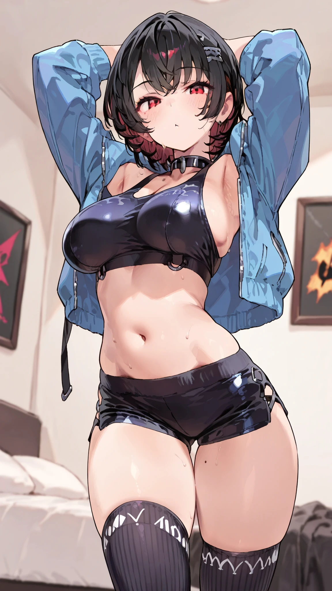 masterpiece, best quality, ultra-detailed, adult Cala 1girl, , , arms behind head, , panties, sports bra, black panties, clothes writing bracelet, collar, full body, surprised, worried, red hair, spiky hair, full body, looking at the viewer, female focus, green eyes