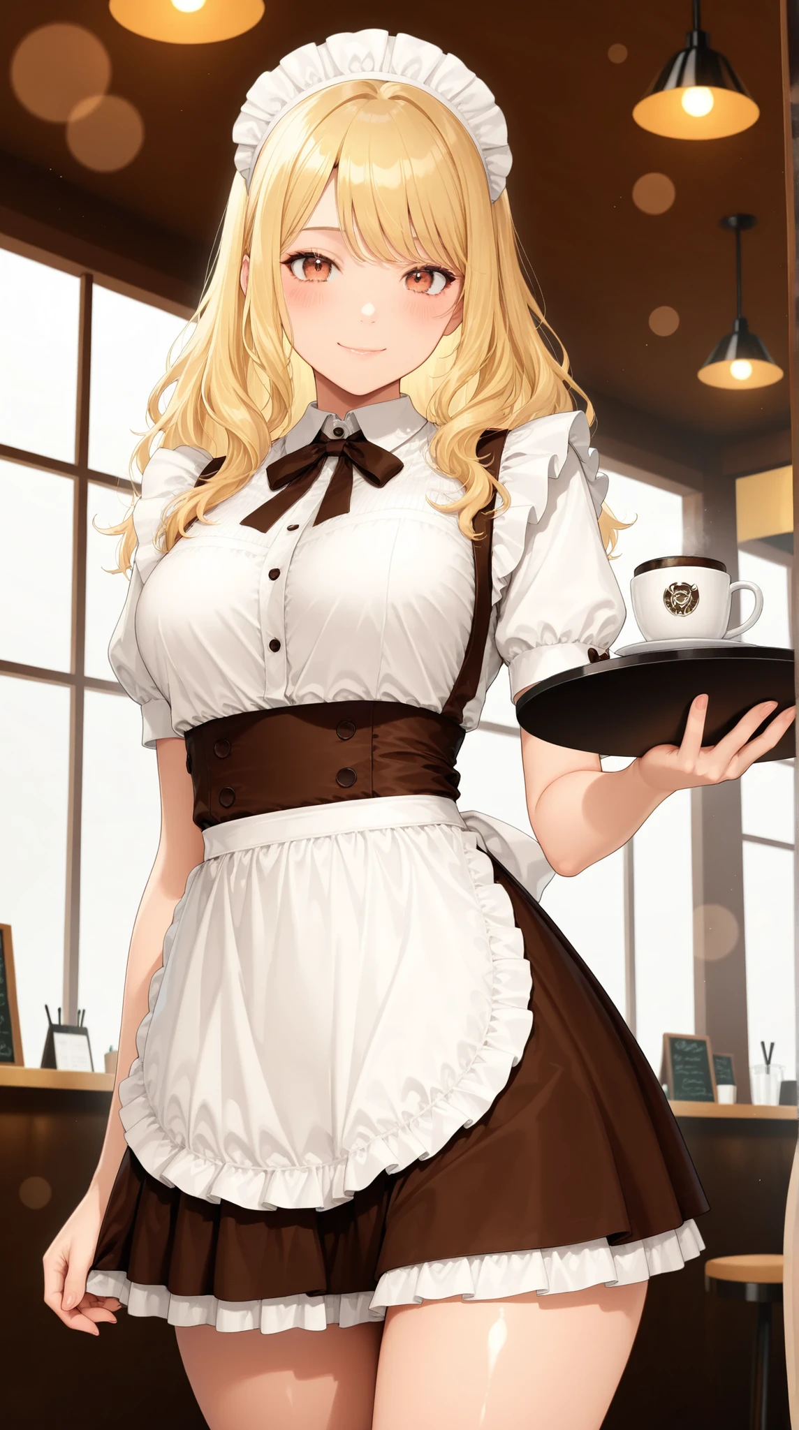 Semi realistic, solo, maid clothes, standing pose, low angle, Hold coffee on a tray, ((Cafe, inside the coffee shop)), (フリル付きmaid clothes, Mini Skirt), smile Yang, 優しいsmile Yang, charming eyes, shiny skin, graceful behavior, shiny, Broken Lips, Blonde, applied to wavy hair, blush, sexy portrait, medium close-up shot, high resolution, accurate texture, Delicate Details, natural shadows, Refined Backgrounds, Warm colors , delicate portrait of a detailed face, digital art, Picture , beautiful anime style, High Quality, 非常にhigh resolution, (最High Quality), (Super Detailed:1.2), high resolution, Aesthetic Expression , Super Detailed, realistic, cinematic, masterpiece, Beautiful CG Illustrations , Clear Outline, Bokeh Background.